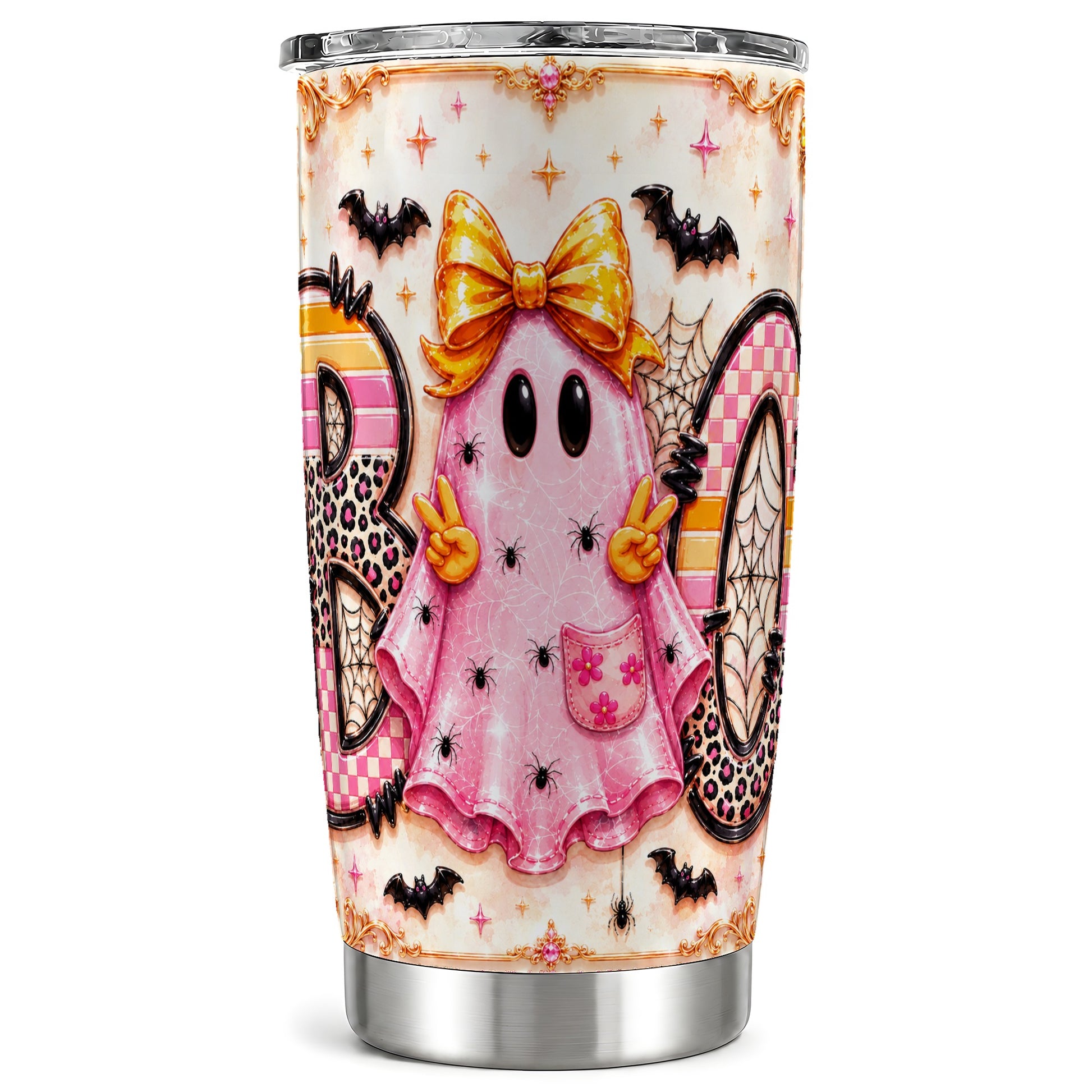 #pl[Steel] Pink Ghost Tumbler 20oz, Halloween 20oz Tumbler, Stainless Steel Travel Cup