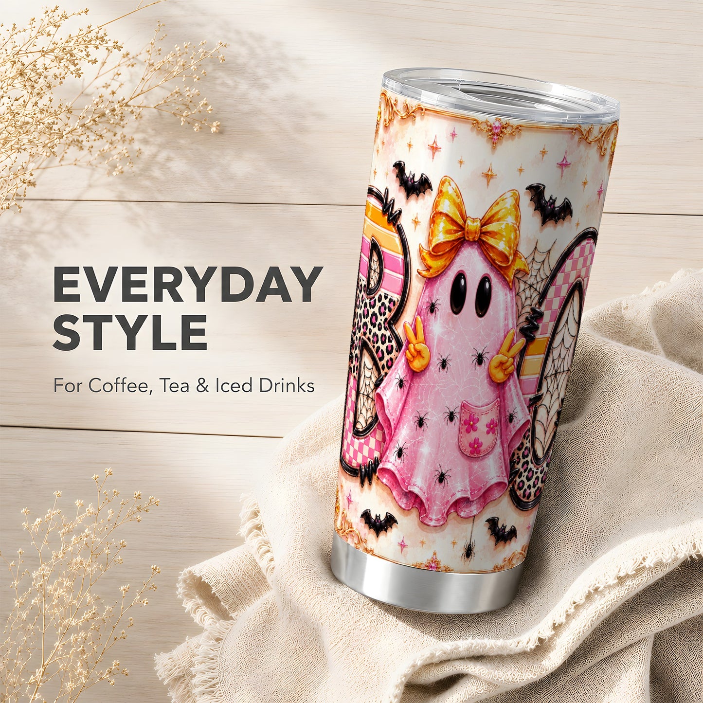 #pl[Steel] Pink Ghost Tumbler 20oz, Halloween 20oz Tumbler, Stainless Steel Travel Cup