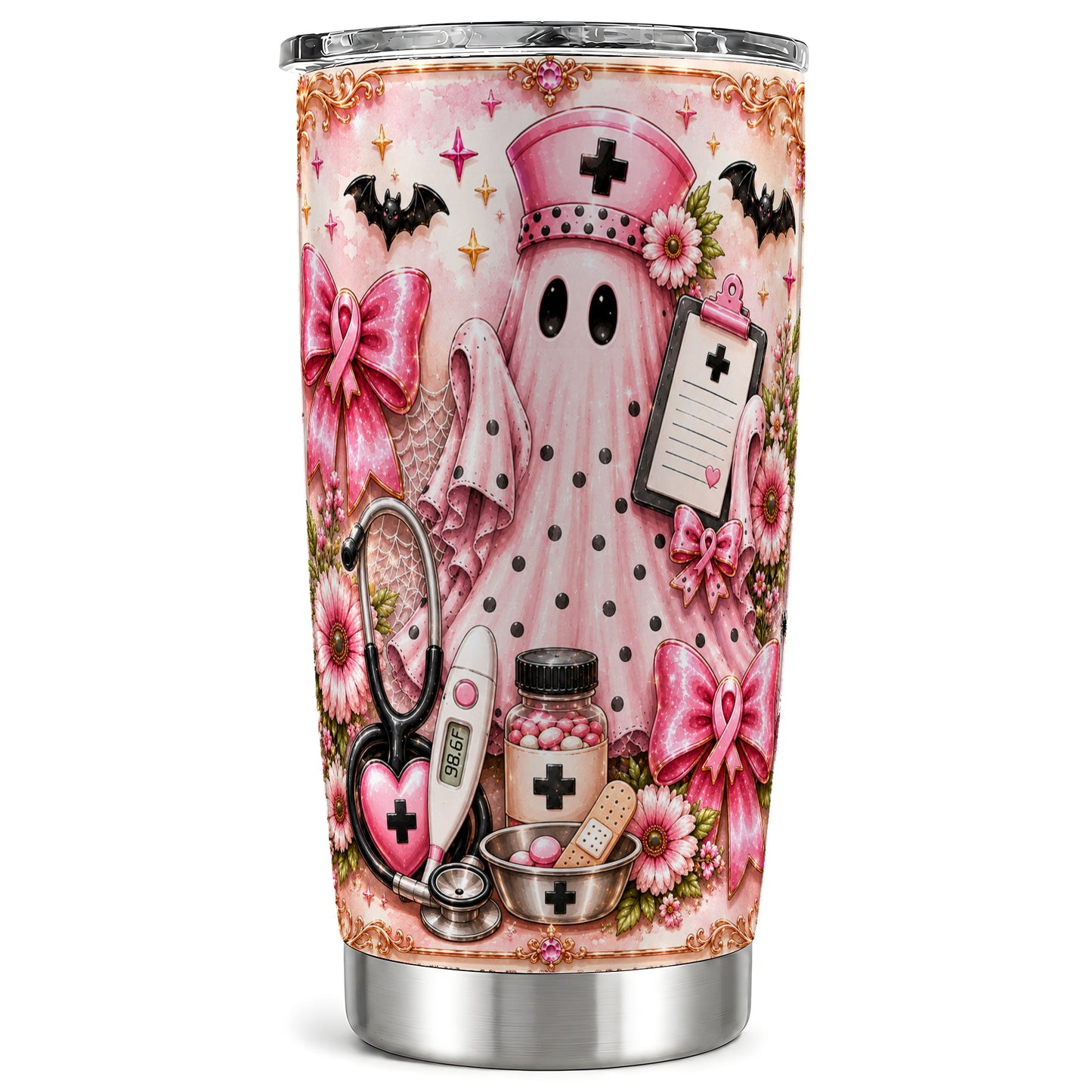 #pl[Steel] Nurse Ghost Tumbler 20oz, Halloween Tumbler, Stainless Steel Travel Cup