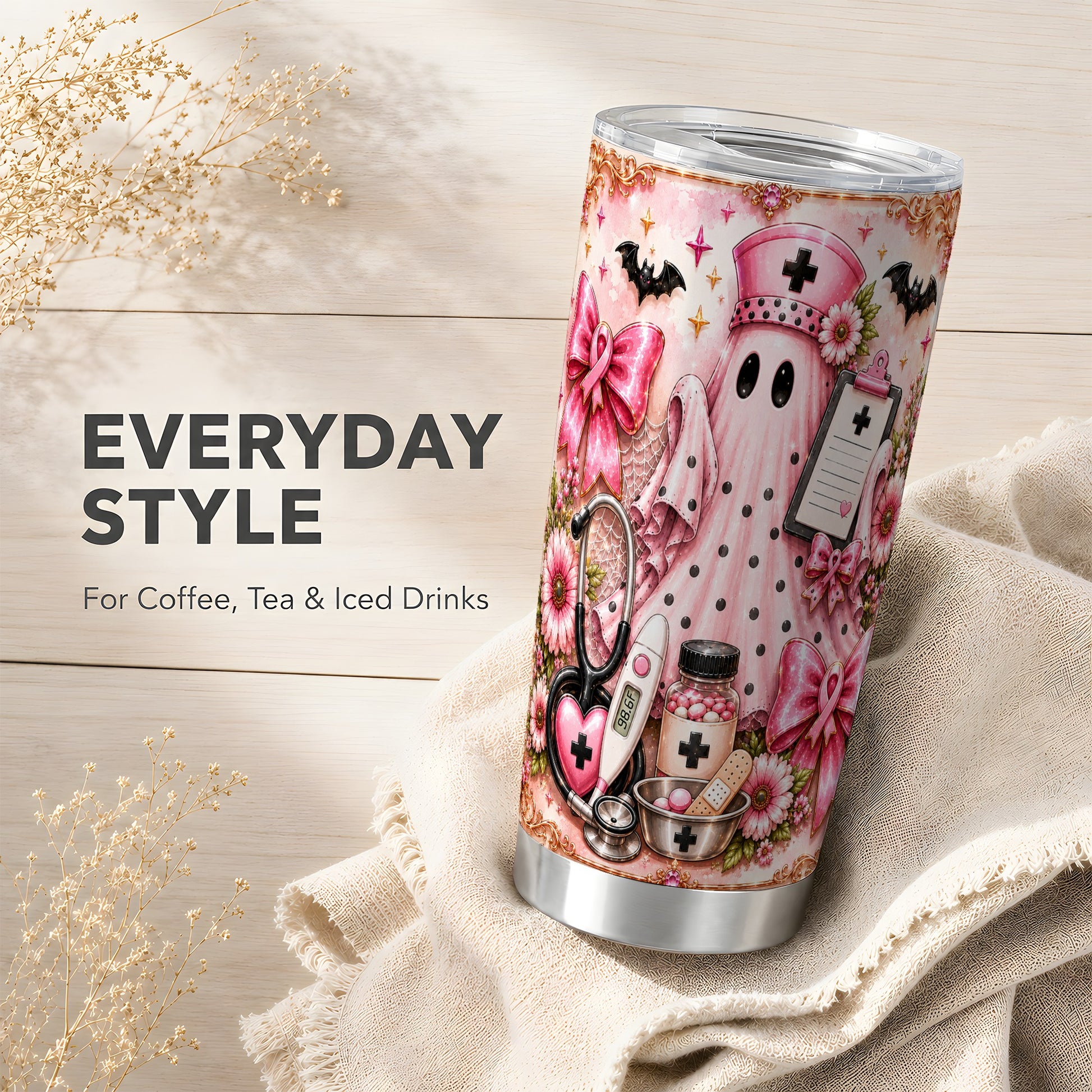 #pl[Steel] Nurse Ghost Tumbler 20oz, Halloween Tumbler, Stainless Steel Travel Cup