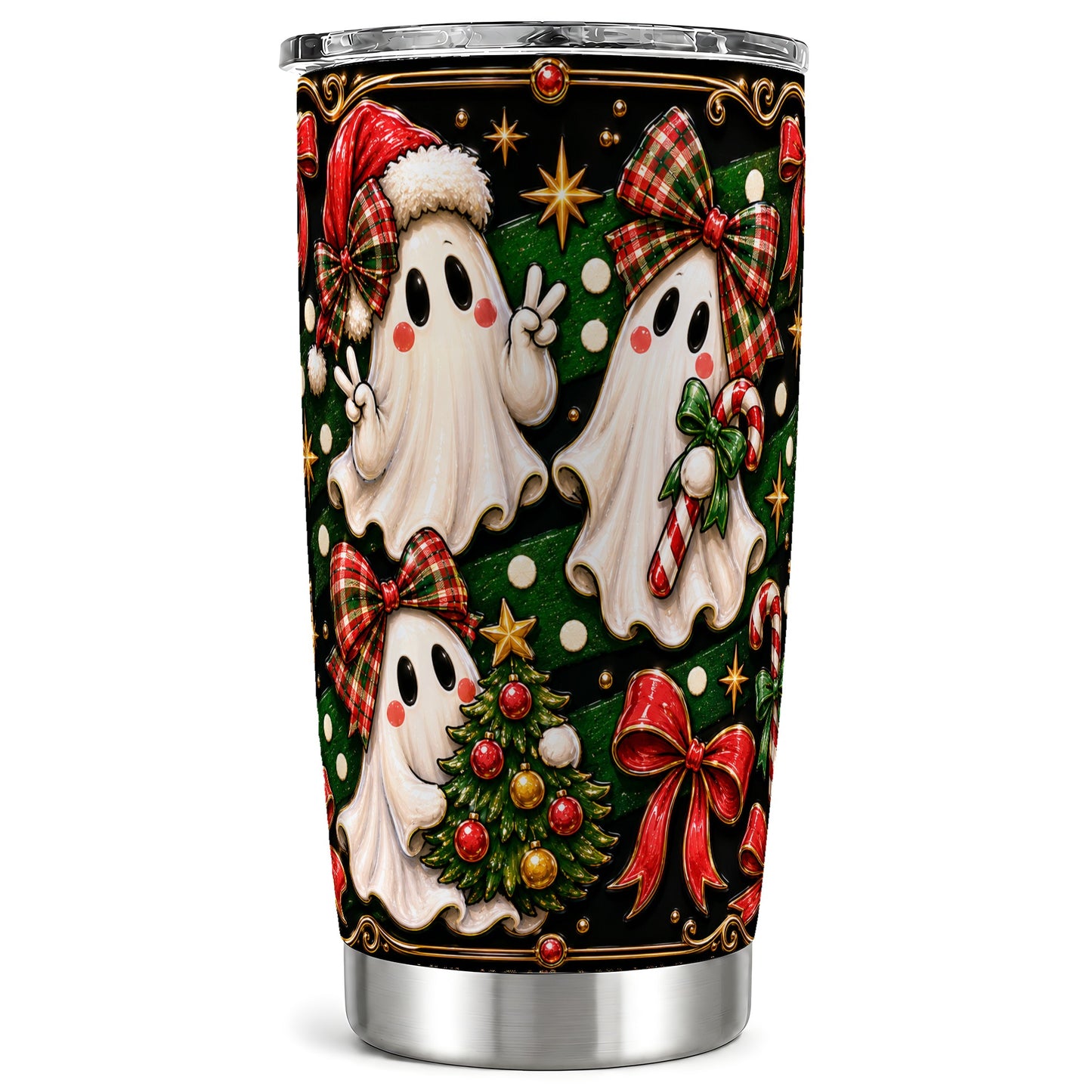 #pl[Steel] Christmas Ghost Tumbler 20oz, Plaid Bow Tumbler, Stainless Steel Travel Cup