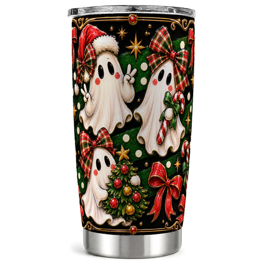 #pl[Steel] Christmas Ghost Tumbler 20oz, Plaid Bow Tumbler, Stainless Steel Travel Cup