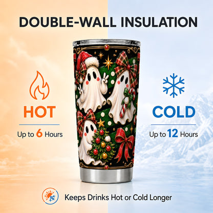 #pl[Steel] Christmas Ghost Tumbler 20oz, Plaid Bow Tumbler, Stainless Steel Travel Cup