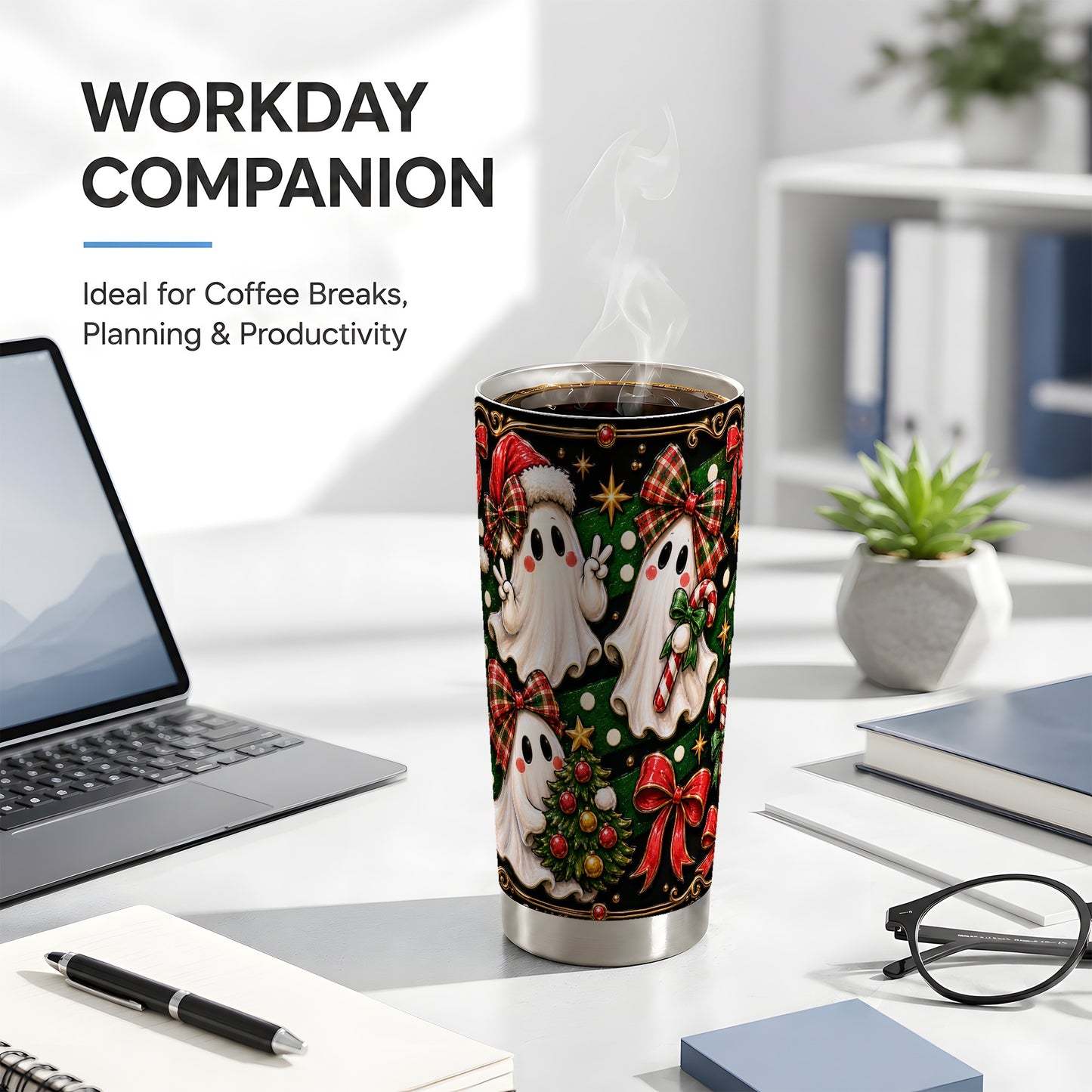 #pl[Steel] Christmas Ghost Tumbler 20oz, Plaid Bow Tumbler, Stainless Steel Travel Cup