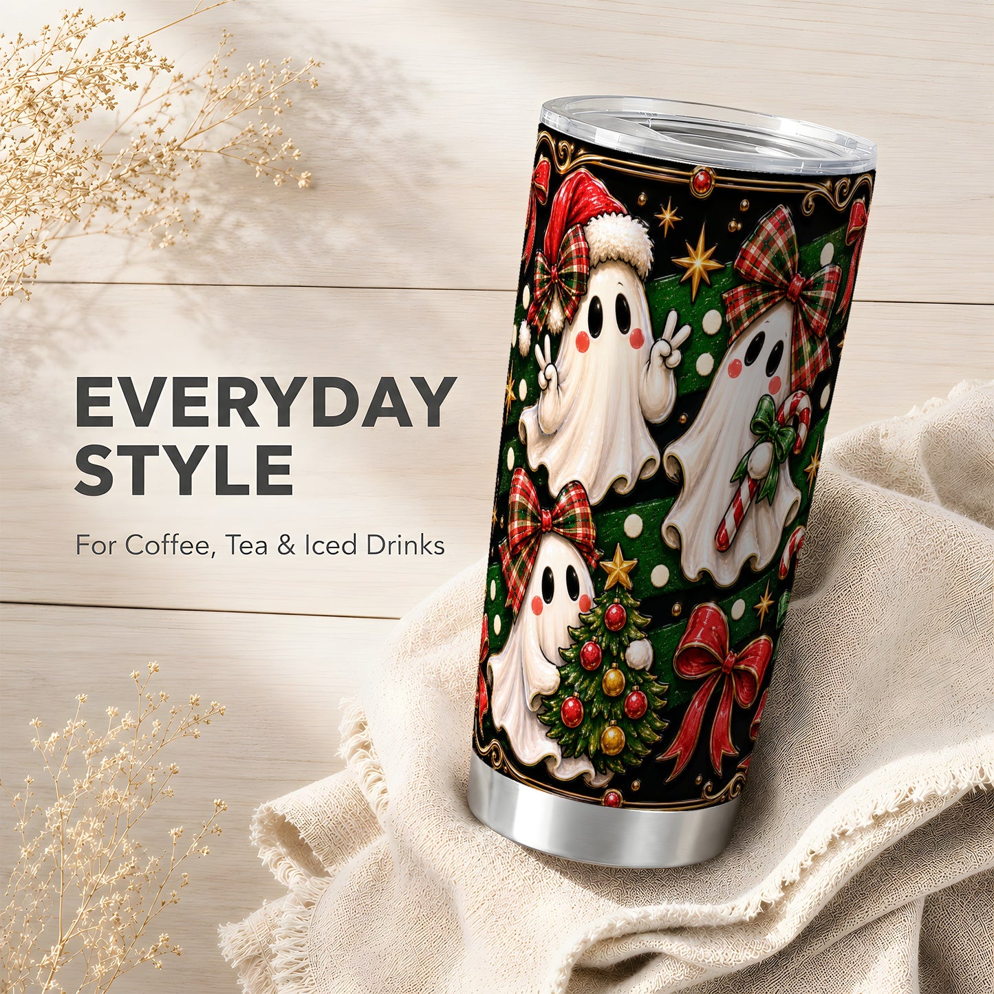 #pl[Steel] Christmas Ghost Tumbler 20oz, Plaid Bow Tumbler, Stainless Steel Travel Cup