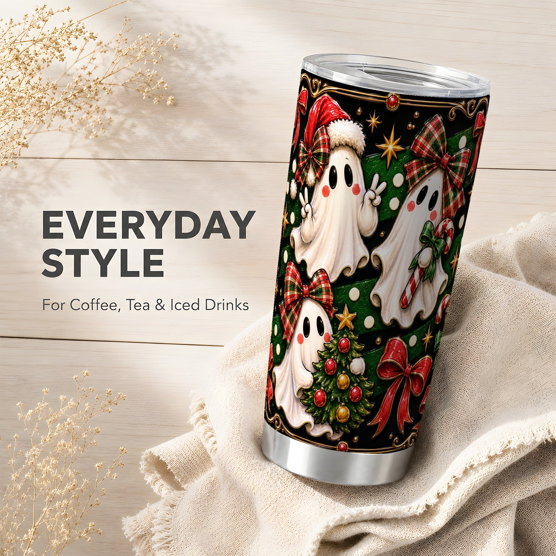 #pl[Steel] Christmas Ghost Tumbler 20oz, Plaid Bow Tumbler, Stainless Steel Travel Cup