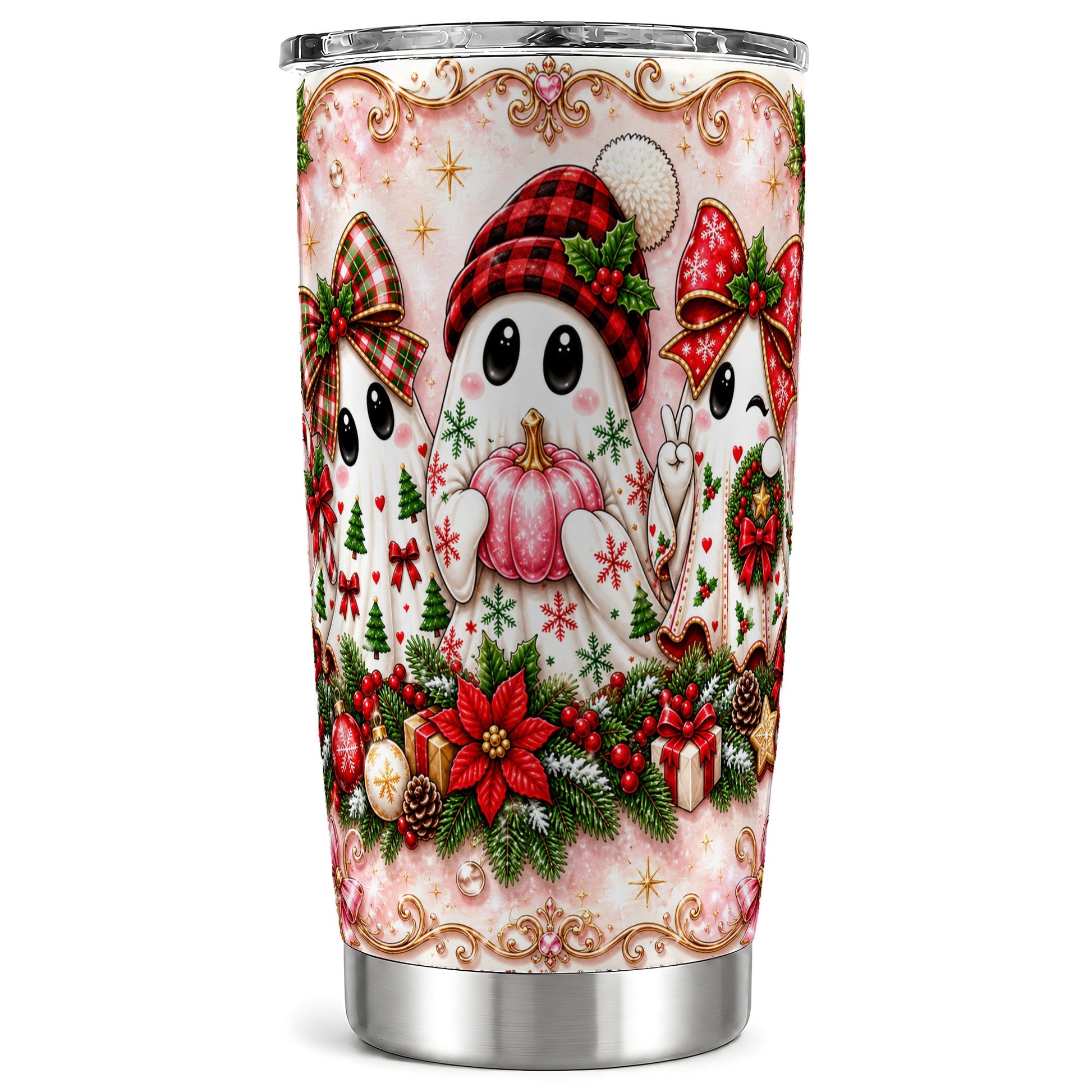 #pl[Steel] Pink Ghost Tumbler 20oz, Christmas Tumbler, Stainless Steel Travel Cup