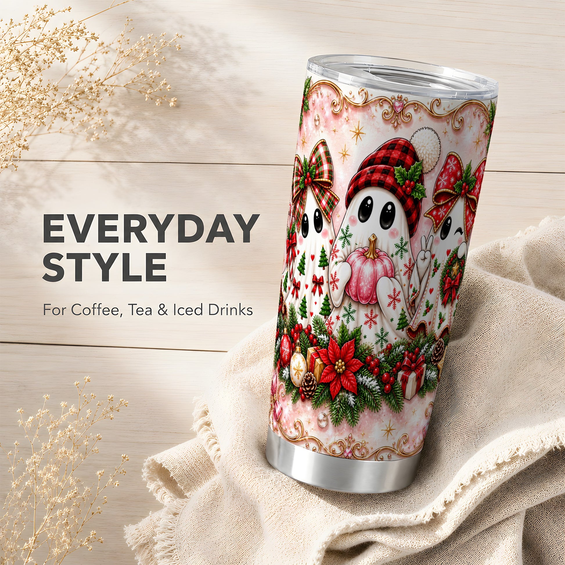 #pl[Steel] Pink Ghost Tumbler 20oz, Christmas Tumbler, Stainless Steel Travel Cup