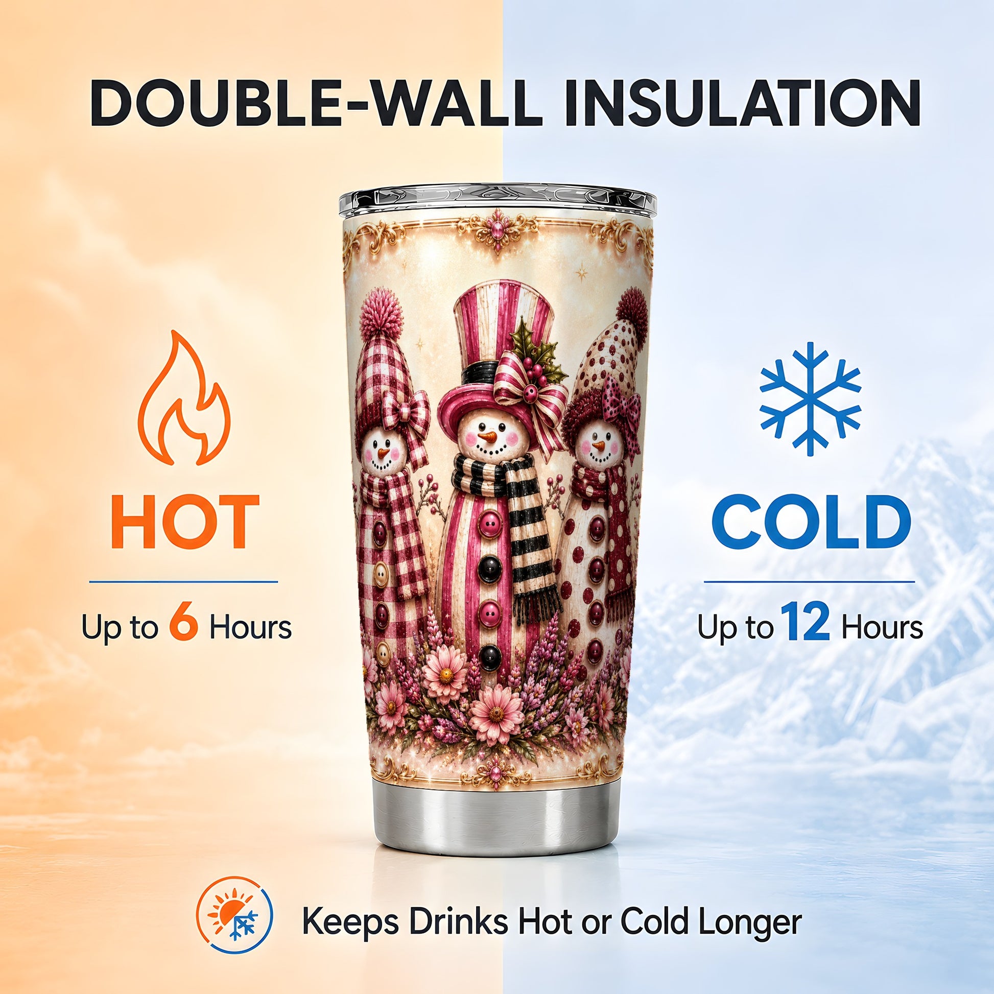 #pl[Steel] Snowman Trio Tumbler 20oz, Christmas Tumbler, Stainless Steel Travel Cup