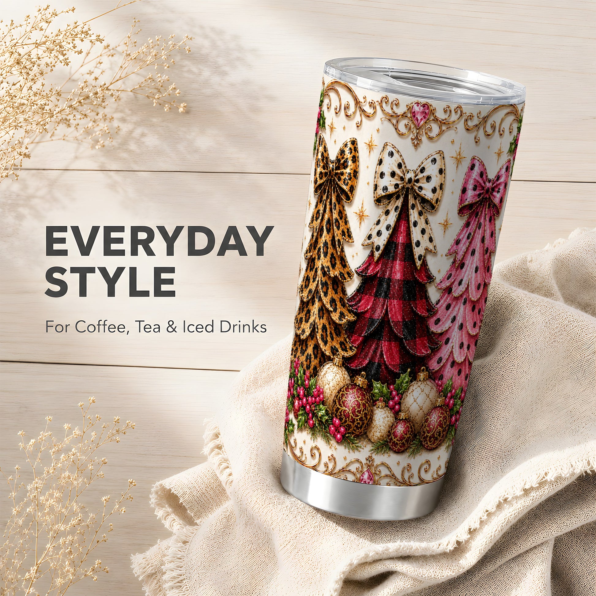 #pl[Steel] Patterned Tree Tumbler 20oz, Christmas Tumbler, Stainless Steel Travel Cup