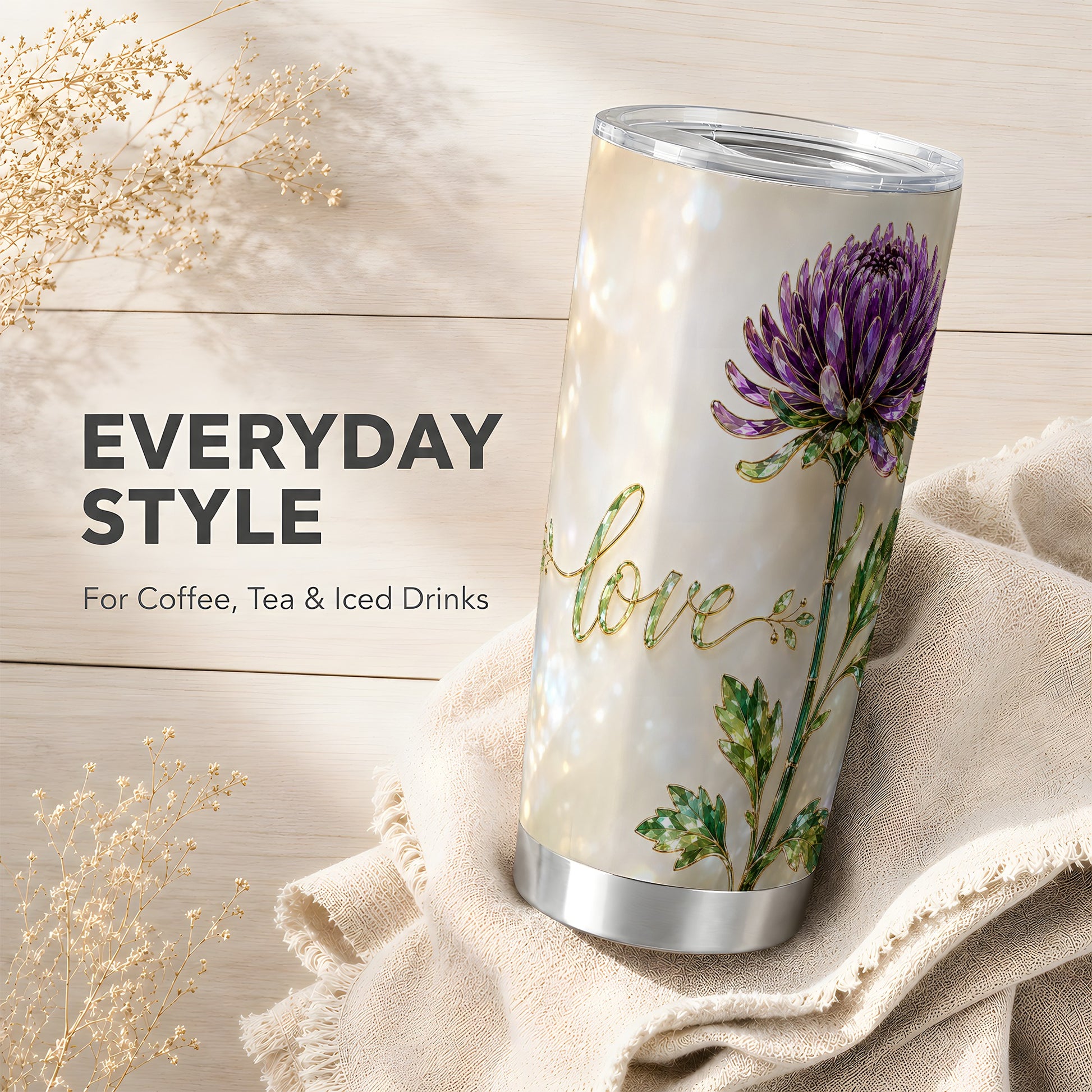 #pl[Steel] Chrysanthemum Tumbler 20oz, Floral Tumbler, Stainless Steel Travel Cup