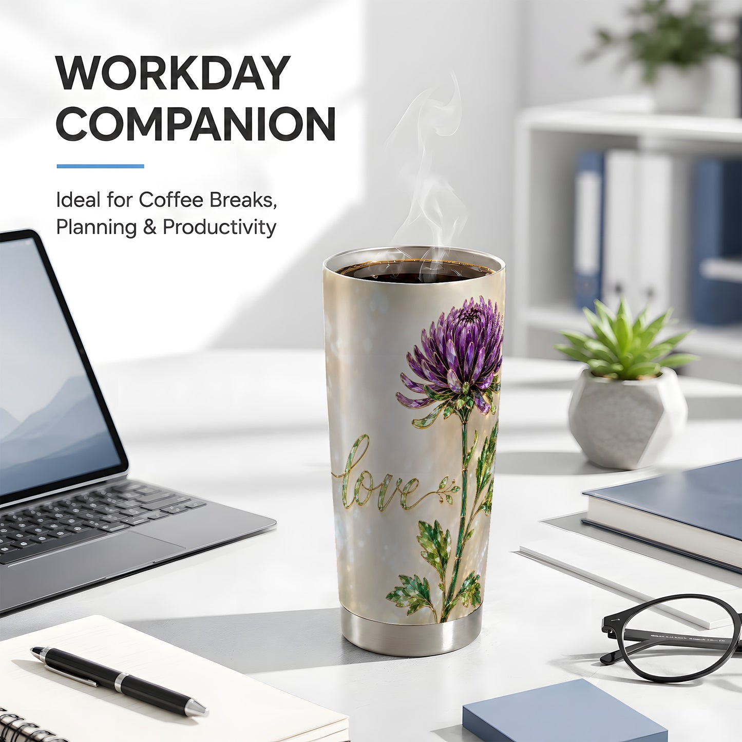 #pl[Steel] Chrysanthemum Tumbler 20oz, Floral Tumbler, Stainless Steel Travel Cup