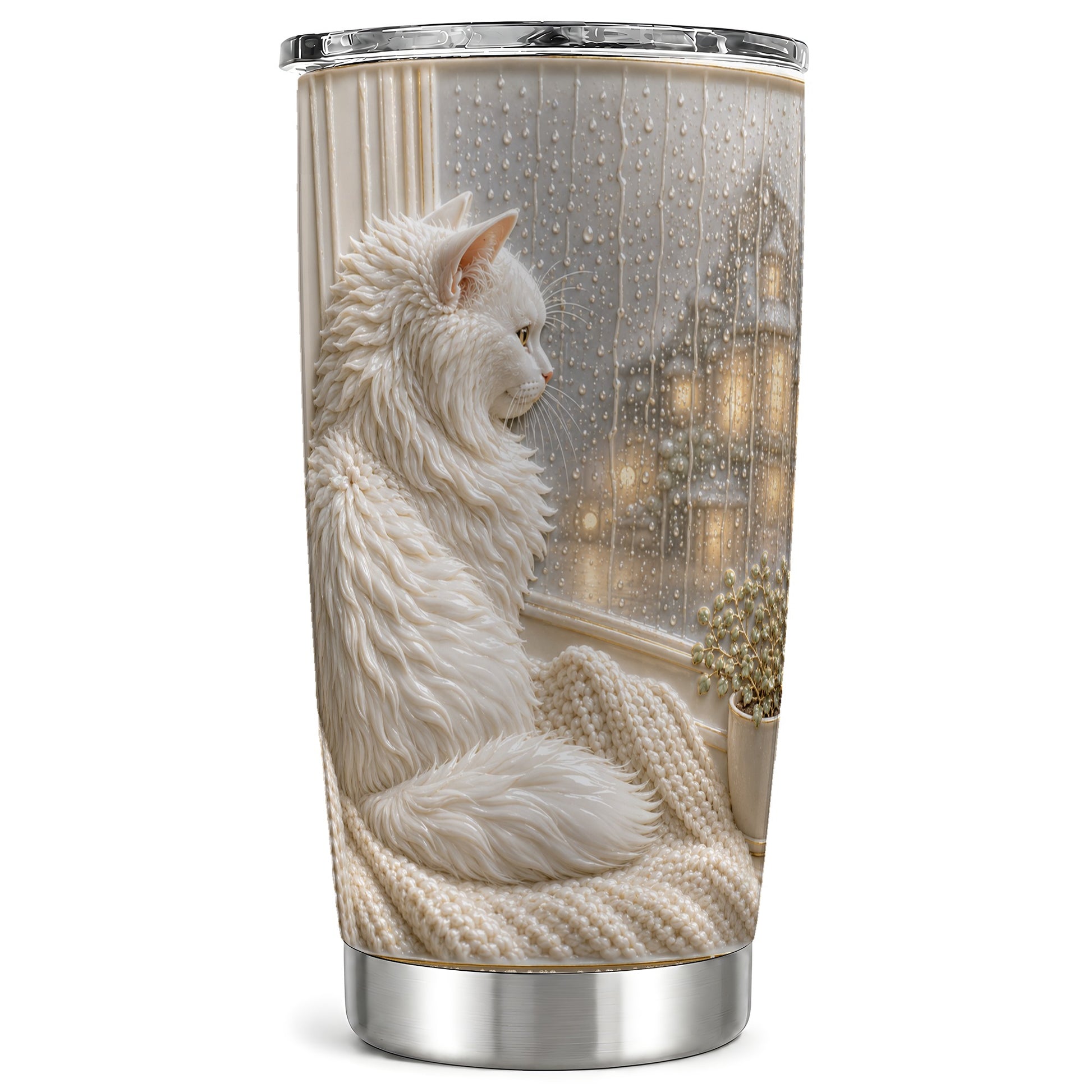 #pl[Steel] White Cat Tumbler 20oz, Rainy Window Tumbler, Stainless Steel Travel Cup
