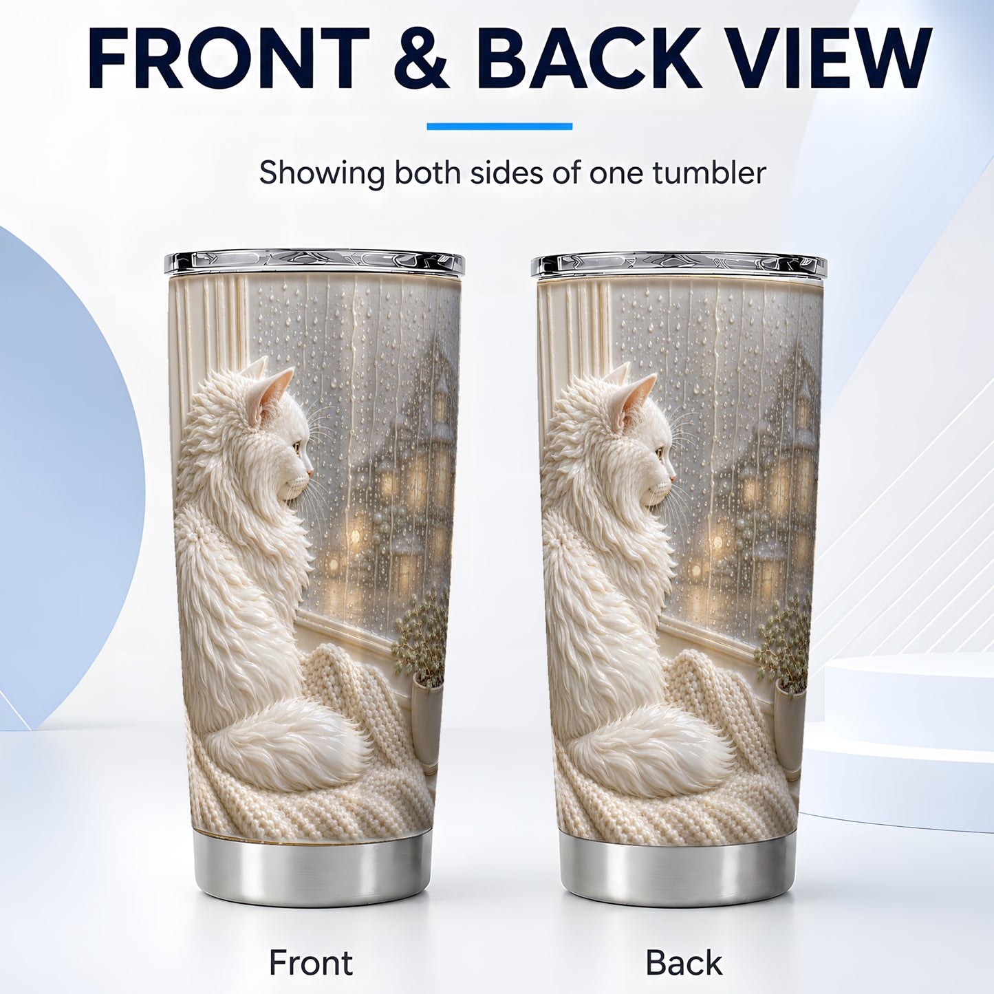 #pl[Steel] White Cat Tumbler 20oz, Rainy Window Tumbler, Stainless Steel Travel Cup