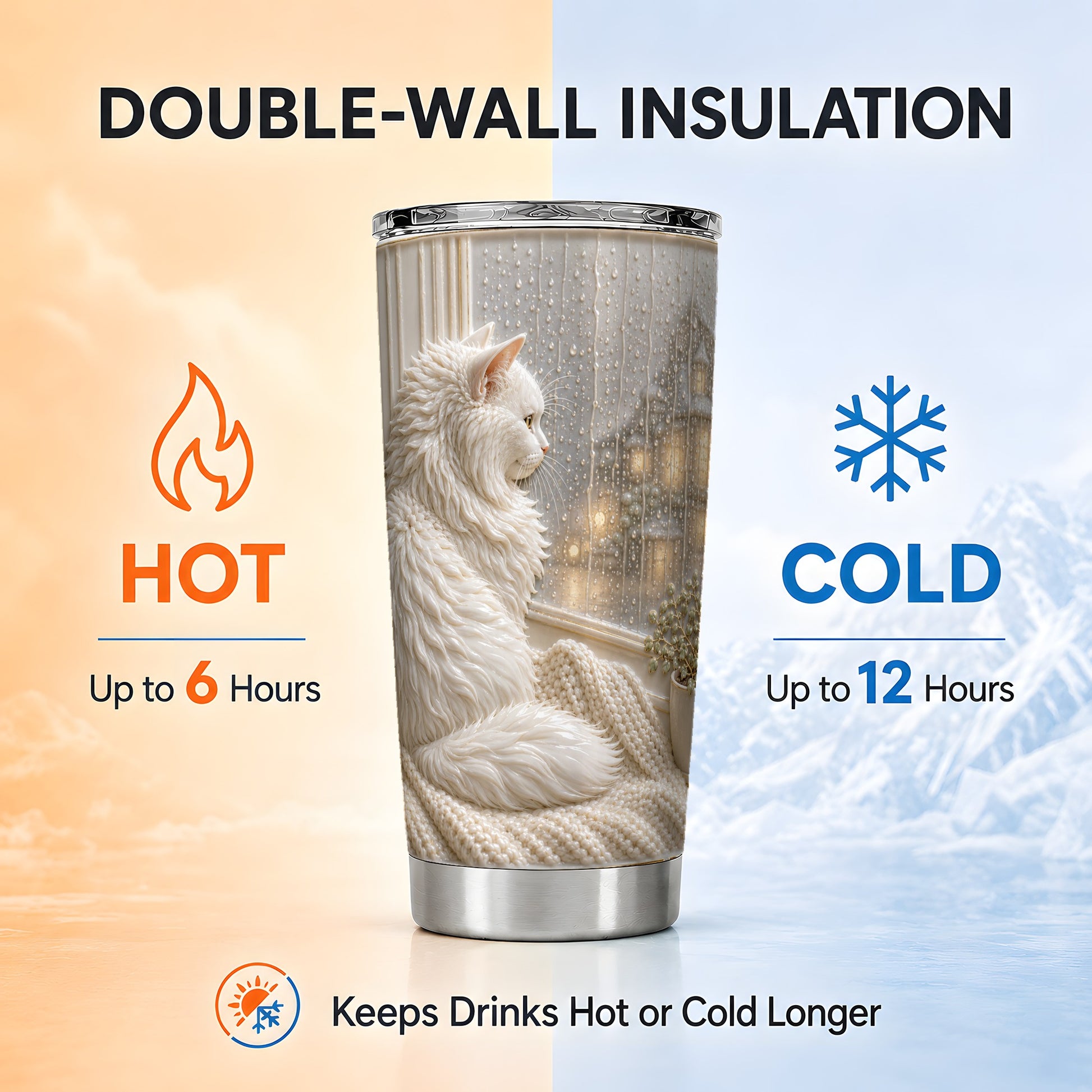 #pl[Steel] White Cat Tumbler 20oz, Rainy Window Tumbler, Stainless Steel Travel Cup