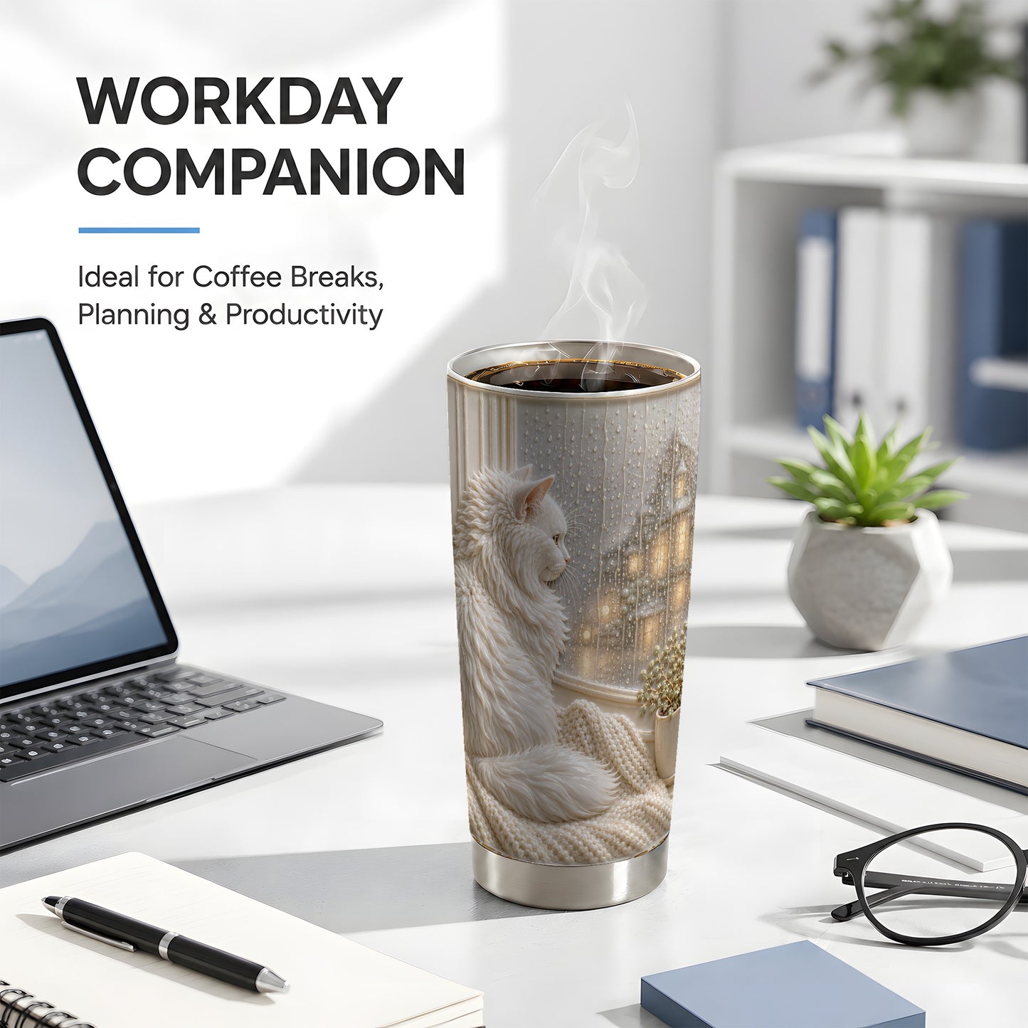#pl[Steel] White Cat Tumbler 20oz, Rainy Window Tumbler, Stainless Steel Travel Cup