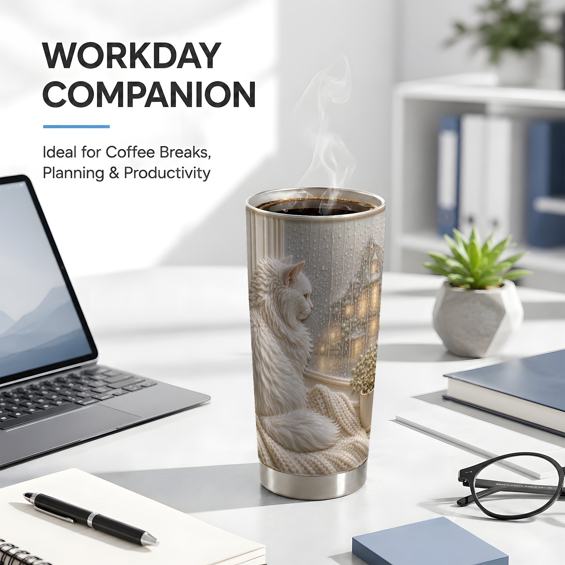 #pl[Steel] White Cat Tumbler 20oz, Rainy Window Tumbler, Stainless Steel Travel Cup