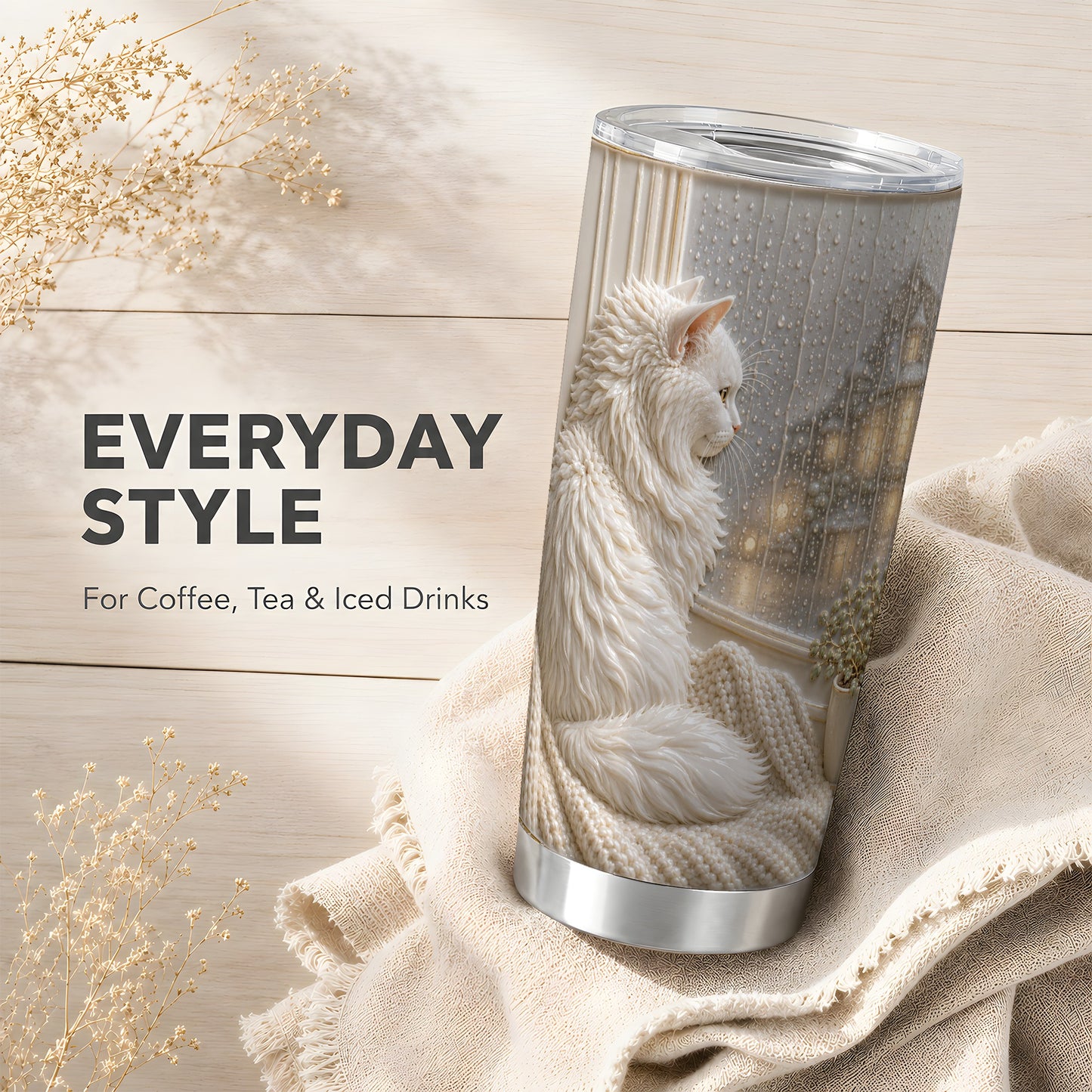 #pl[Steel] White Cat Tumbler 20oz, Rainy Window Tumbler, Stainless Steel Travel Cup
