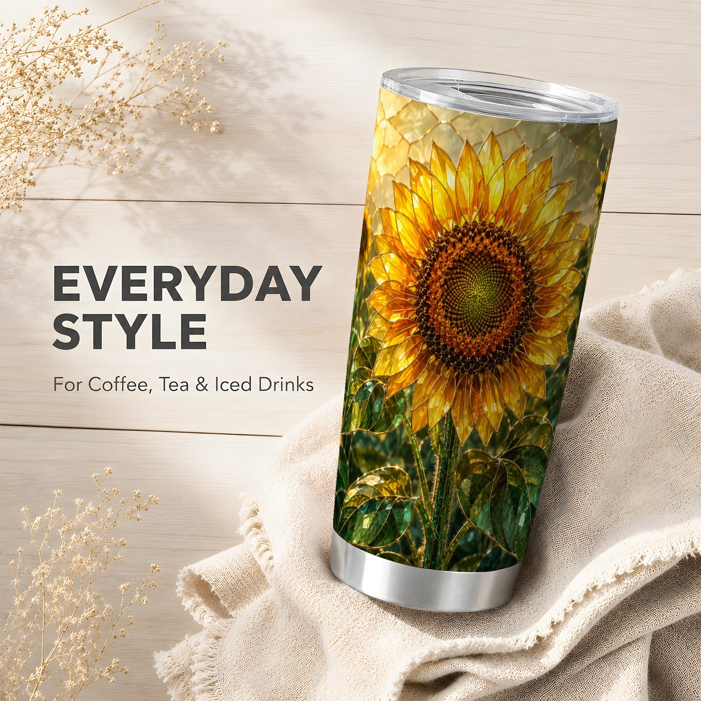 #pl[Steel] Golden Sunflower Tumbler 20oz, Floral Tumbler, Stainless Steel Travel Cup