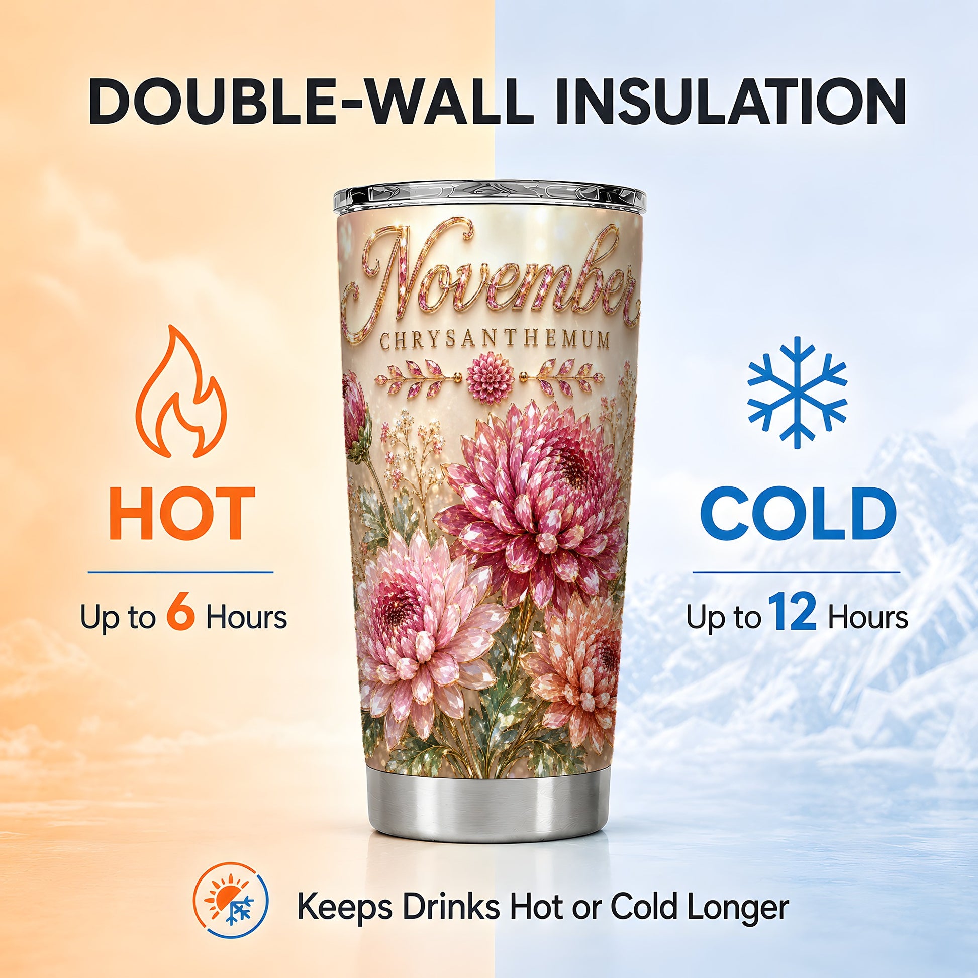 #pl[Steel] Chrysanthemum Tumbler 20oz, Floral Tumbler, Stainless Steel Travel Cup