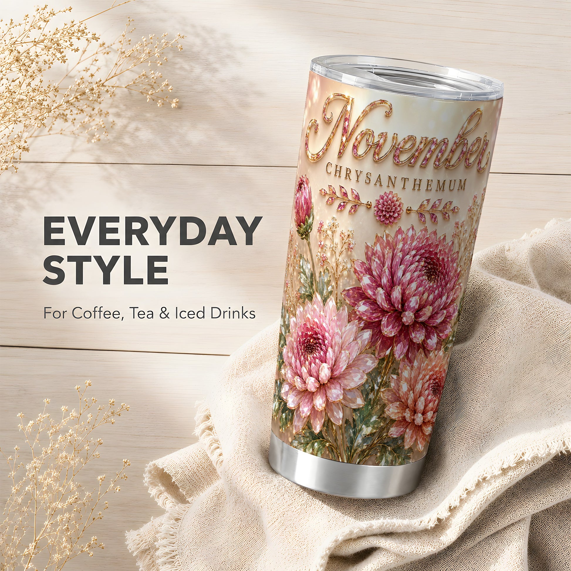 #pl[Steel] Chrysanthemum Tumbler 20oz, Floral Tumbler, Stainless Steel Travel Cup