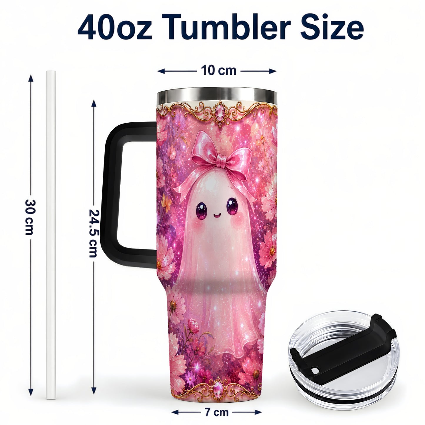 #pl[40oz|Black] Pink Ghost 40oz Tumbler, Floral Bow Kawaii Stainless Steel Travel Cup