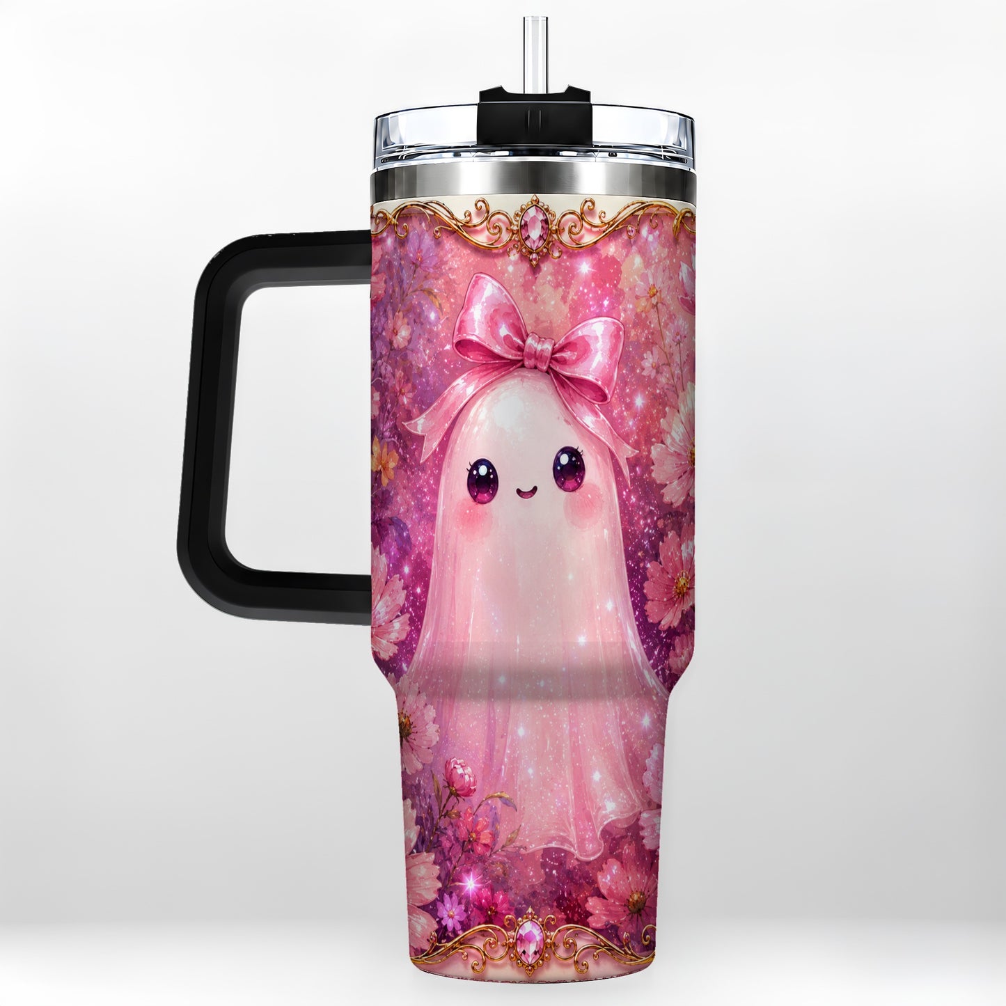 #pl[40oz|Black] Pink Ghost 40oz Tumbler, Floral Bow Kawaii Stainless Steel Travel Cup