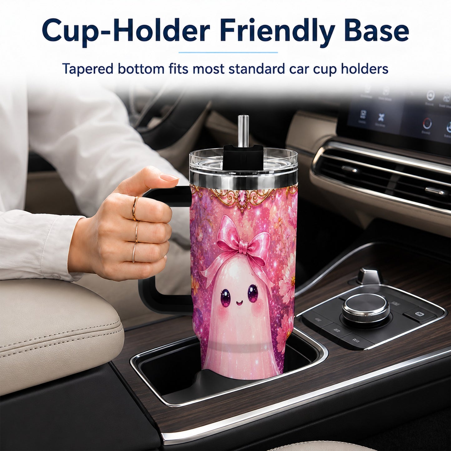 #pl[40oz|Black] Pink Ghost 40oz Tumbler, Floral Bow Kawaii Stainless Steel Travel Cup