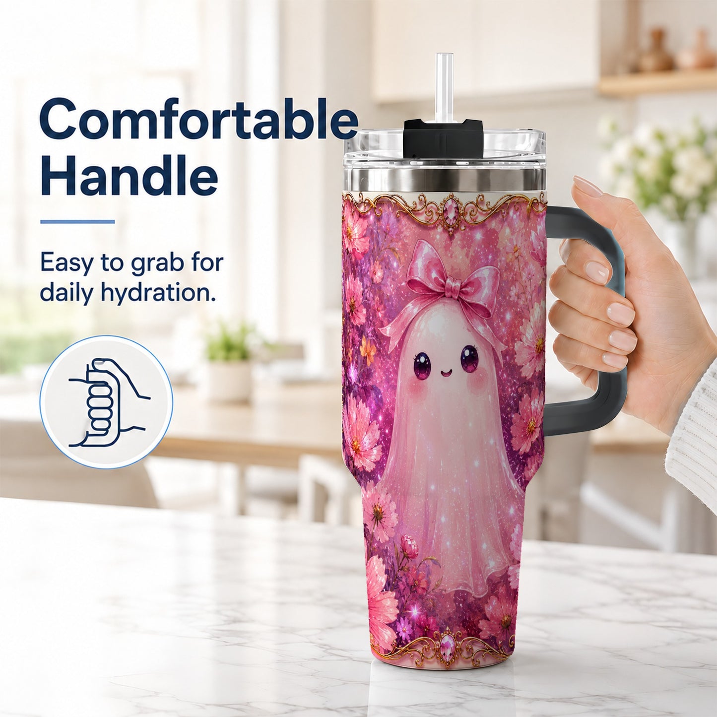 #pl[40oz|Black] Pink Ghost 40oz Tumbler, Floral Bow Kawaii Stainless Steel Travel Cup
