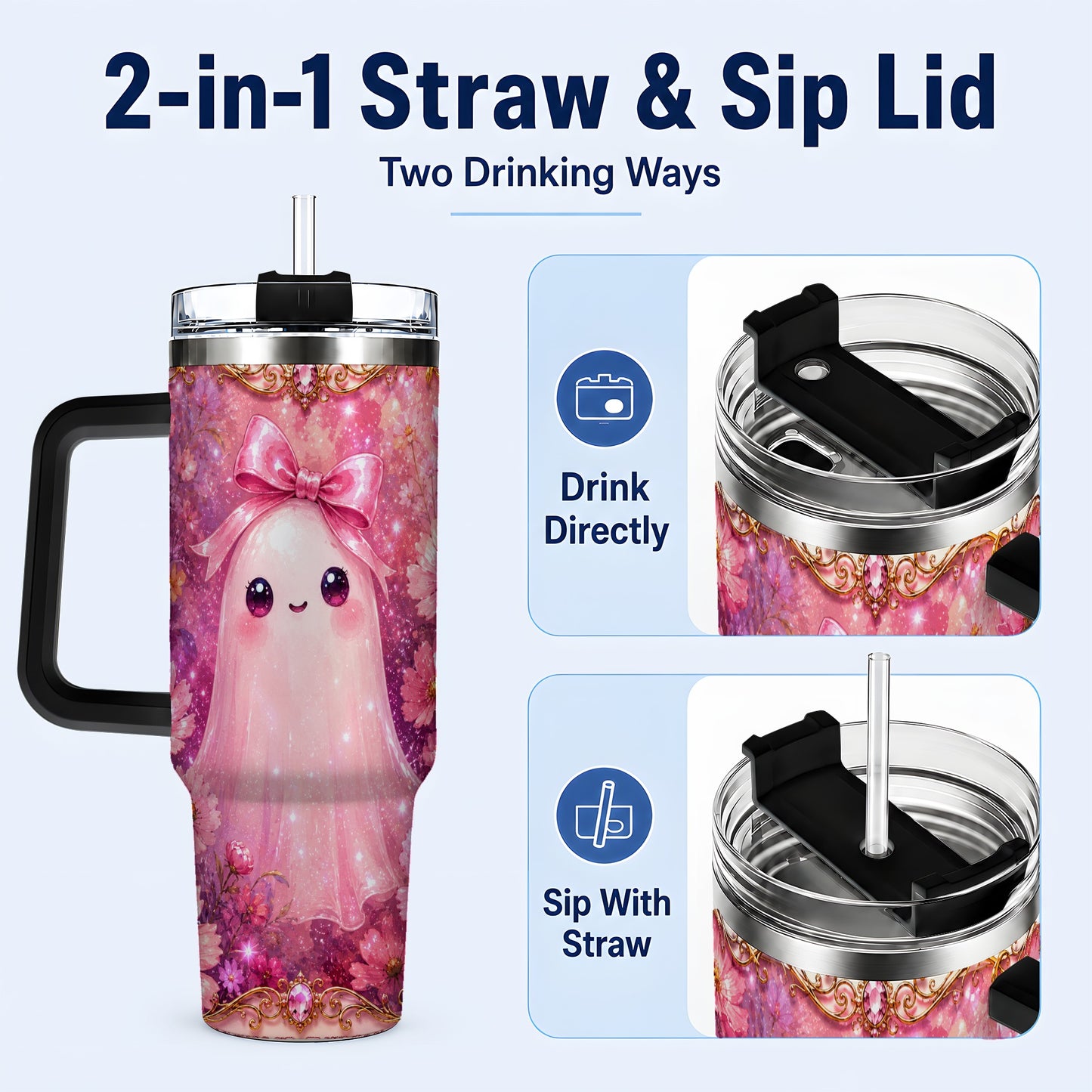 #pl[40oz|Black] Pink Ghost 40oz Tumbler, Floral Bow Kawaii Stainless Steel Travel Cup