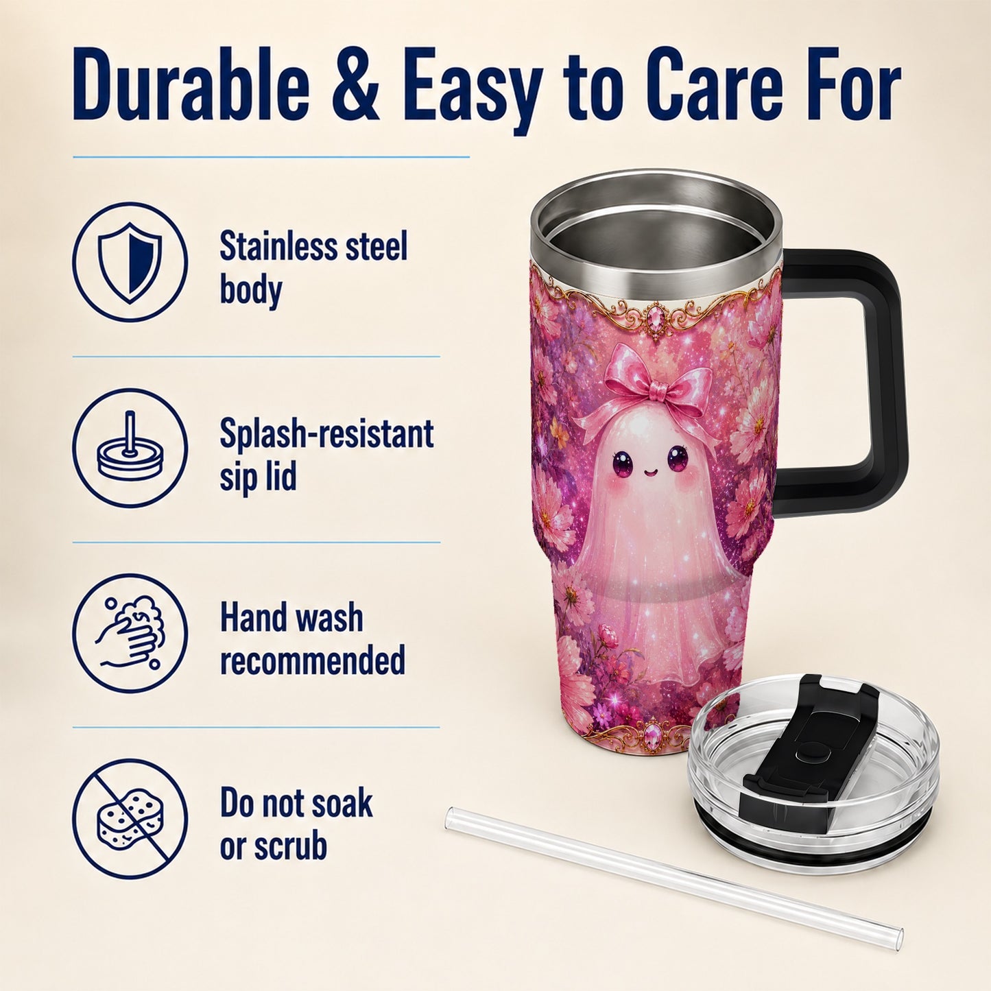 #pl[40oz|Black] Pink Ghost 40oz Tumbler, Floral Bow Kawaii Stainless Steel Travel Cup