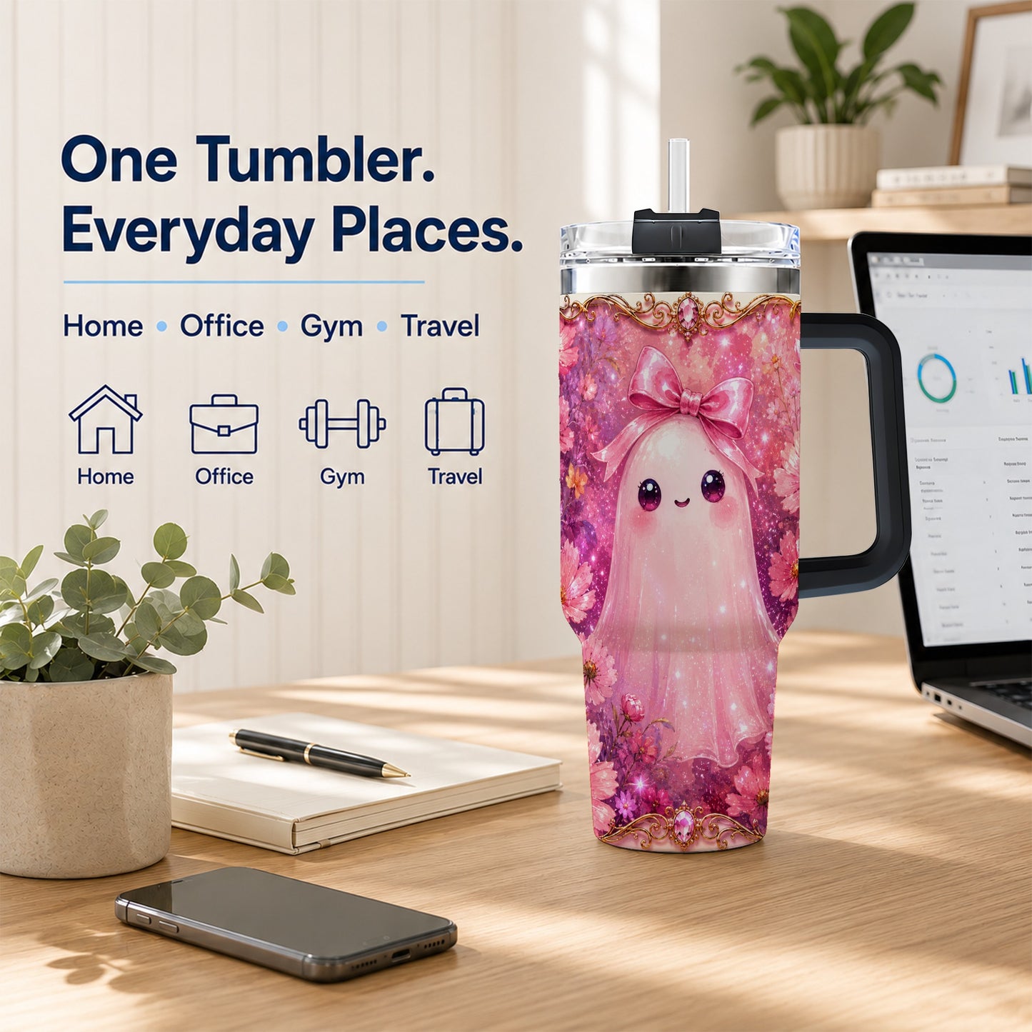 #pl[40oz|Black] Pink Ghost 40oz Tumbler, Floral Bow Kawaii Stainless Steel Travel Cup