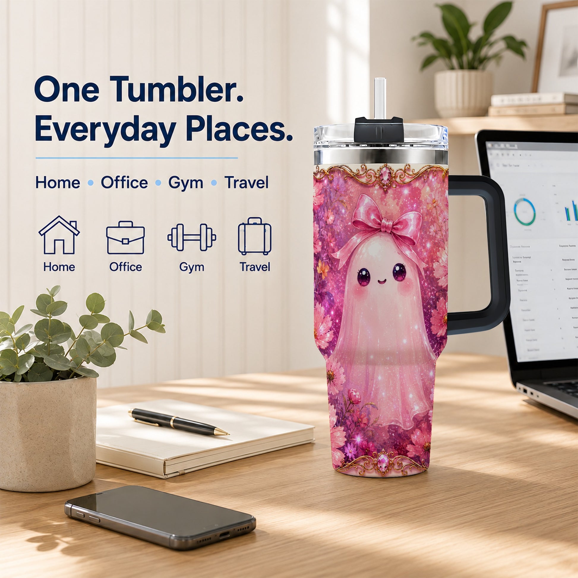 #pl[40oz|Black] Pink Ghost 40oz Tumbler, Floral Bow Kawaii Stainless Steel Travel Cup