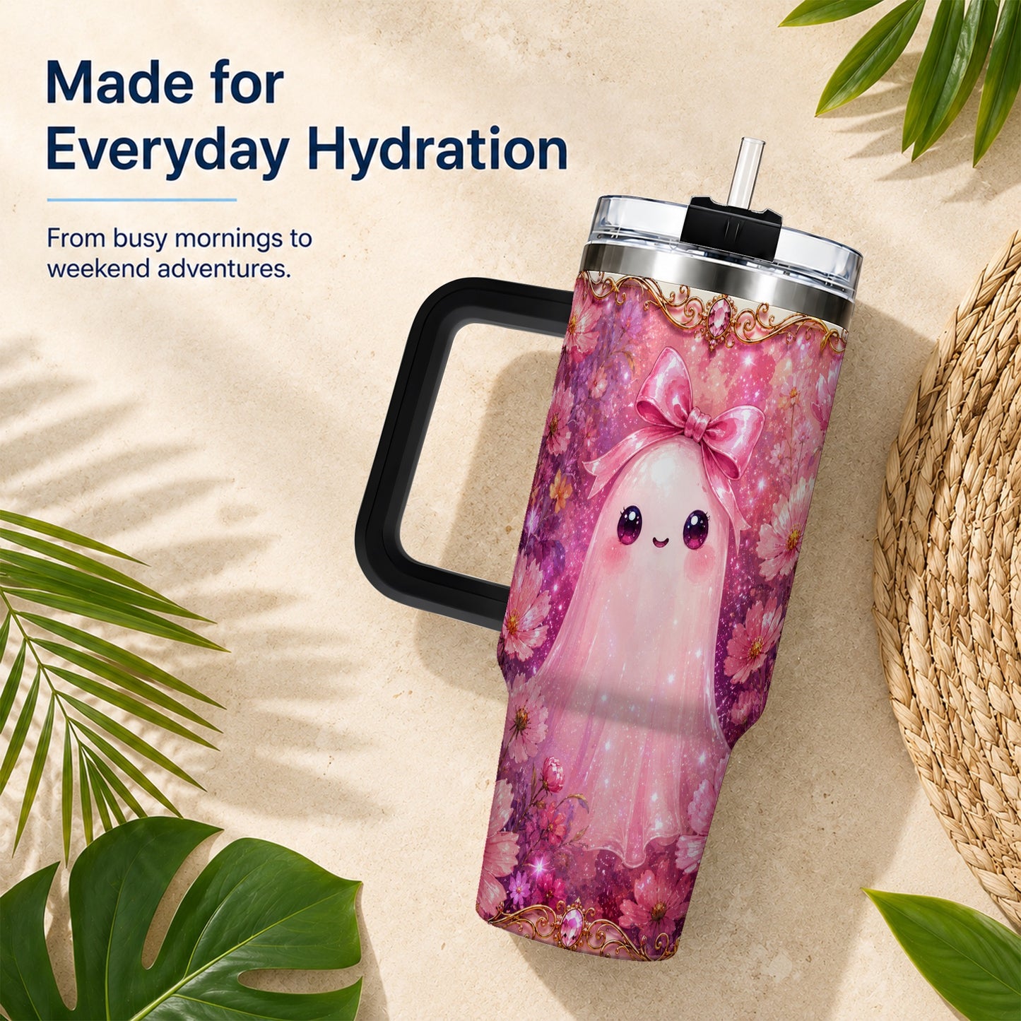 #pl[40oz|Black] Pink Ghost 40oz Tumbler, Floral Bow Kawaii Stainless Steel Travel Cup