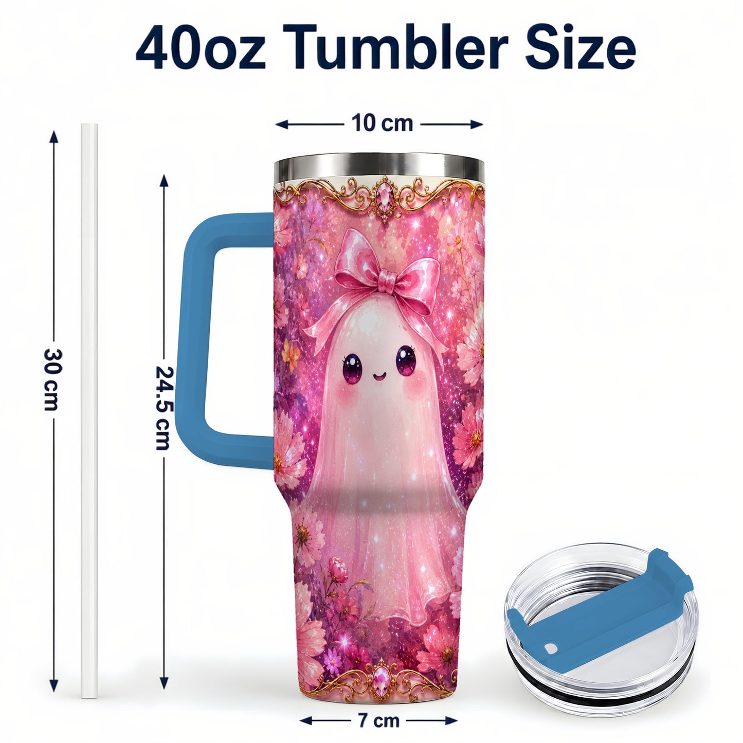 #pl[40oz|Blue] Pink Ghost 40oz Tumbler, Floral Bow Kawaii Stainless Steel Travel Cup
