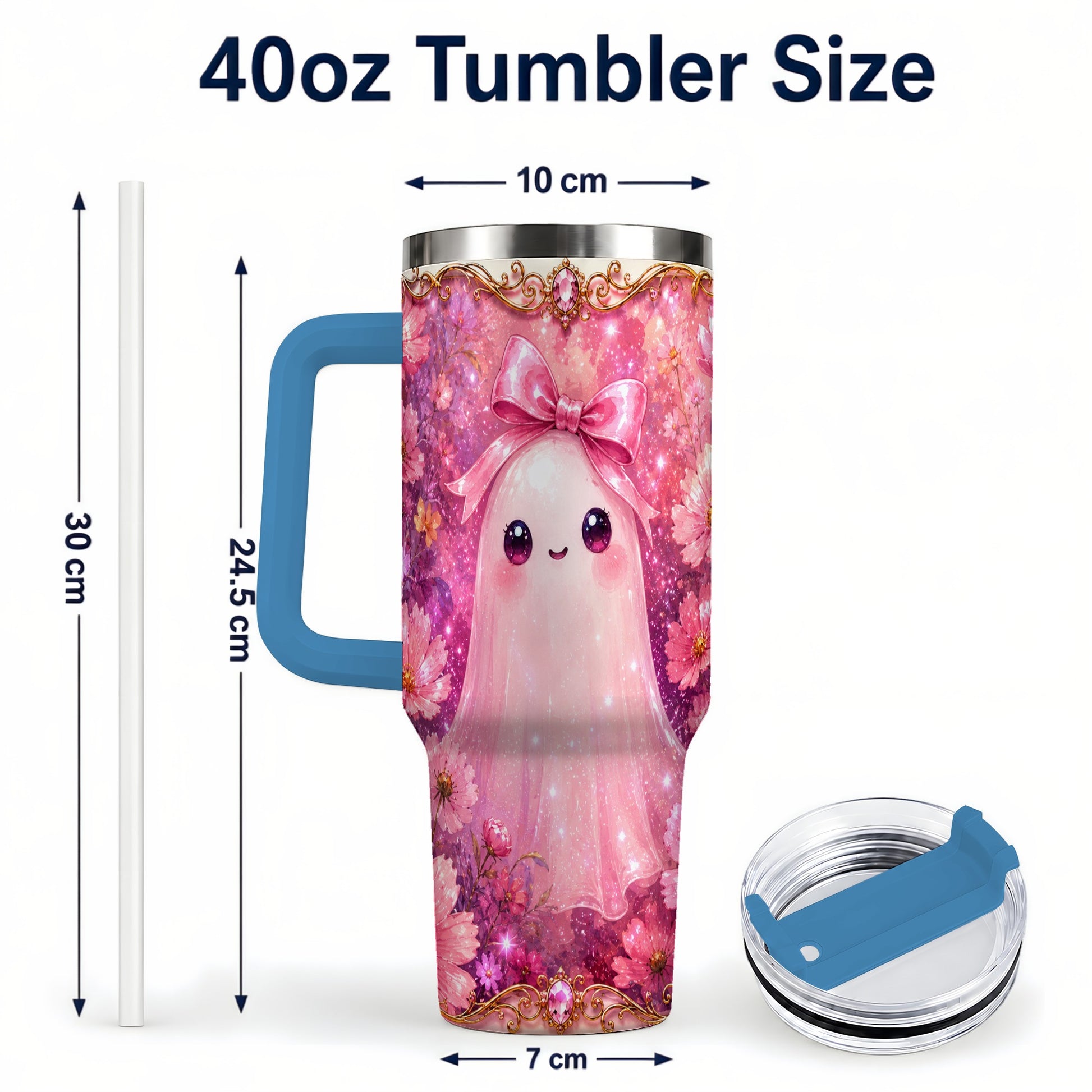 #pl[40oz|Blue] Pink Ghost 40oz Tumbler, Floral Bow Kawaii Stainless Steel Travel Cup