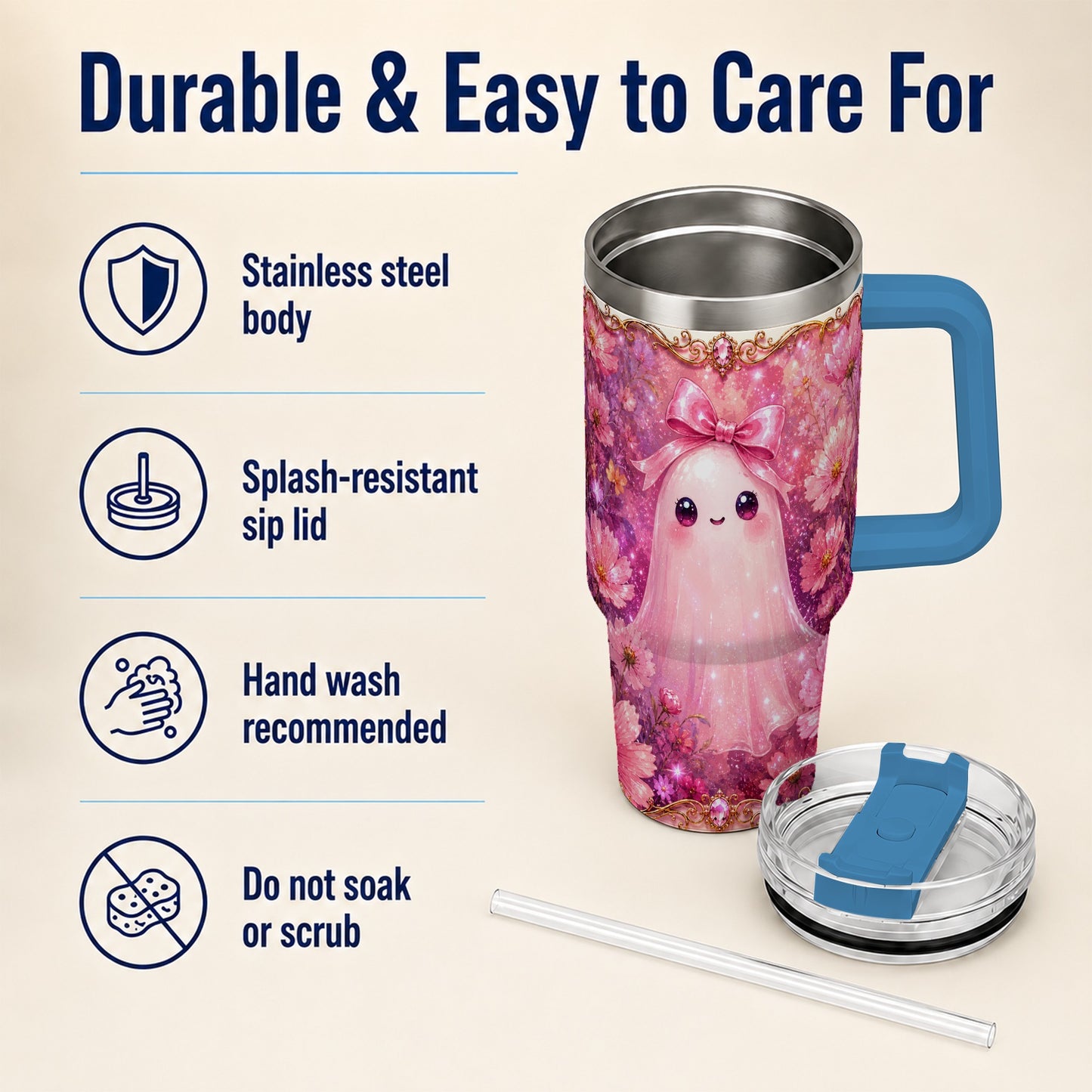#pl[40oz|Blue] Pink Ghost 40oz Tumbler, Floral Bow Kawaii Stainless Steel Travel Cup