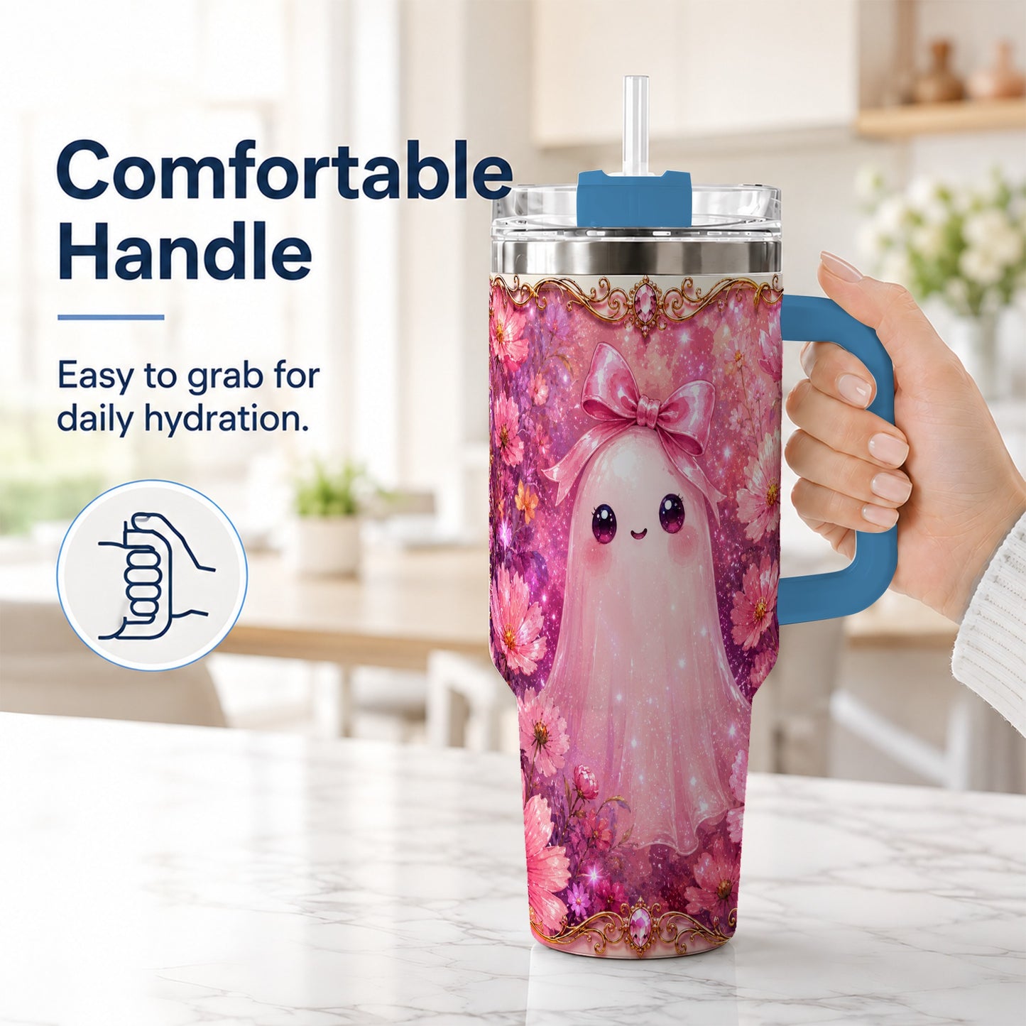 #pl[40oz|Blue] Pink Ghost 40oz Tumbler, Floral Bow Kawaii Stainless Steel Travel Cup
