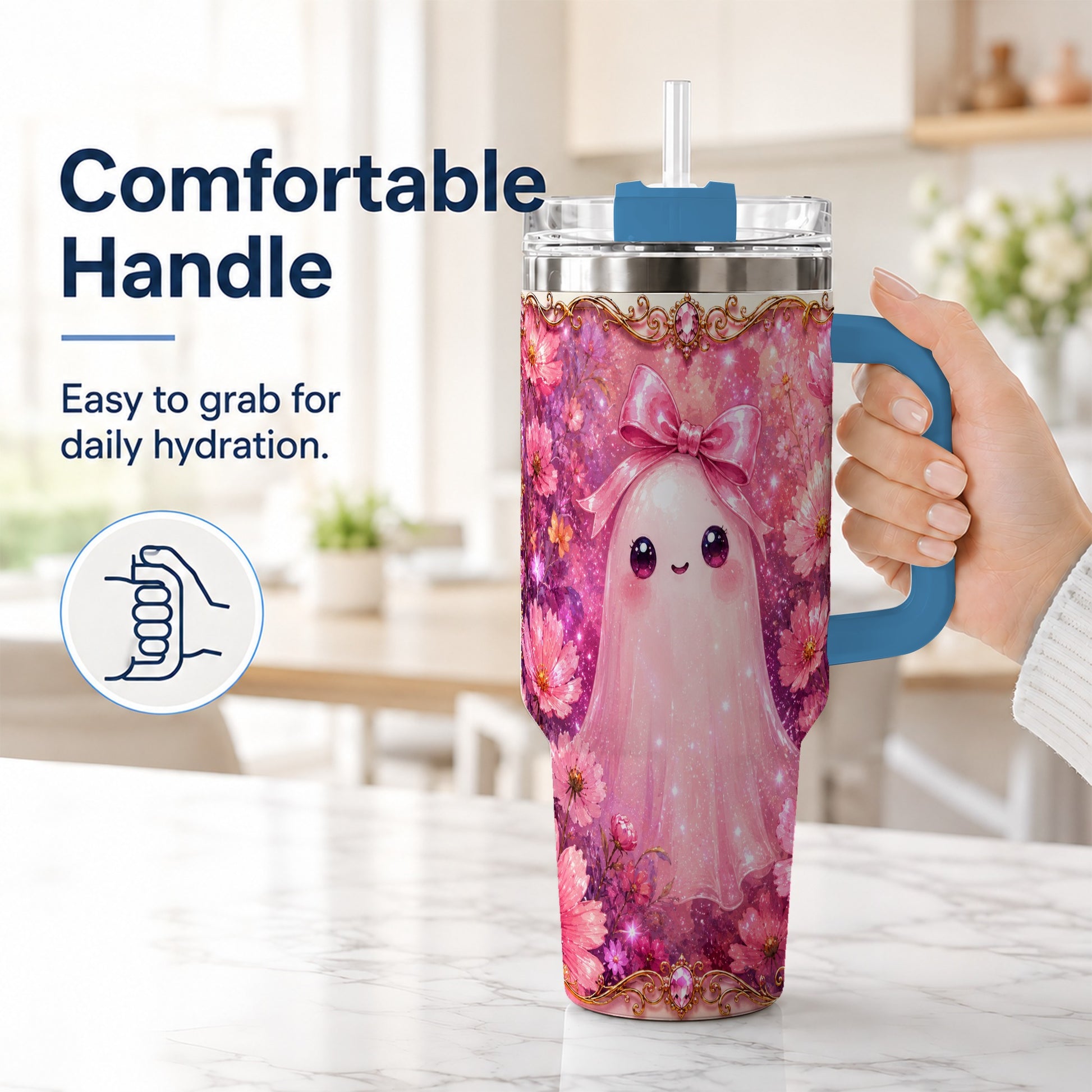 #pl[40oz|Blue] Pink Ghost 40oz Tumbler, Floral Bow Kawaii Stainless Steel Travel Cup