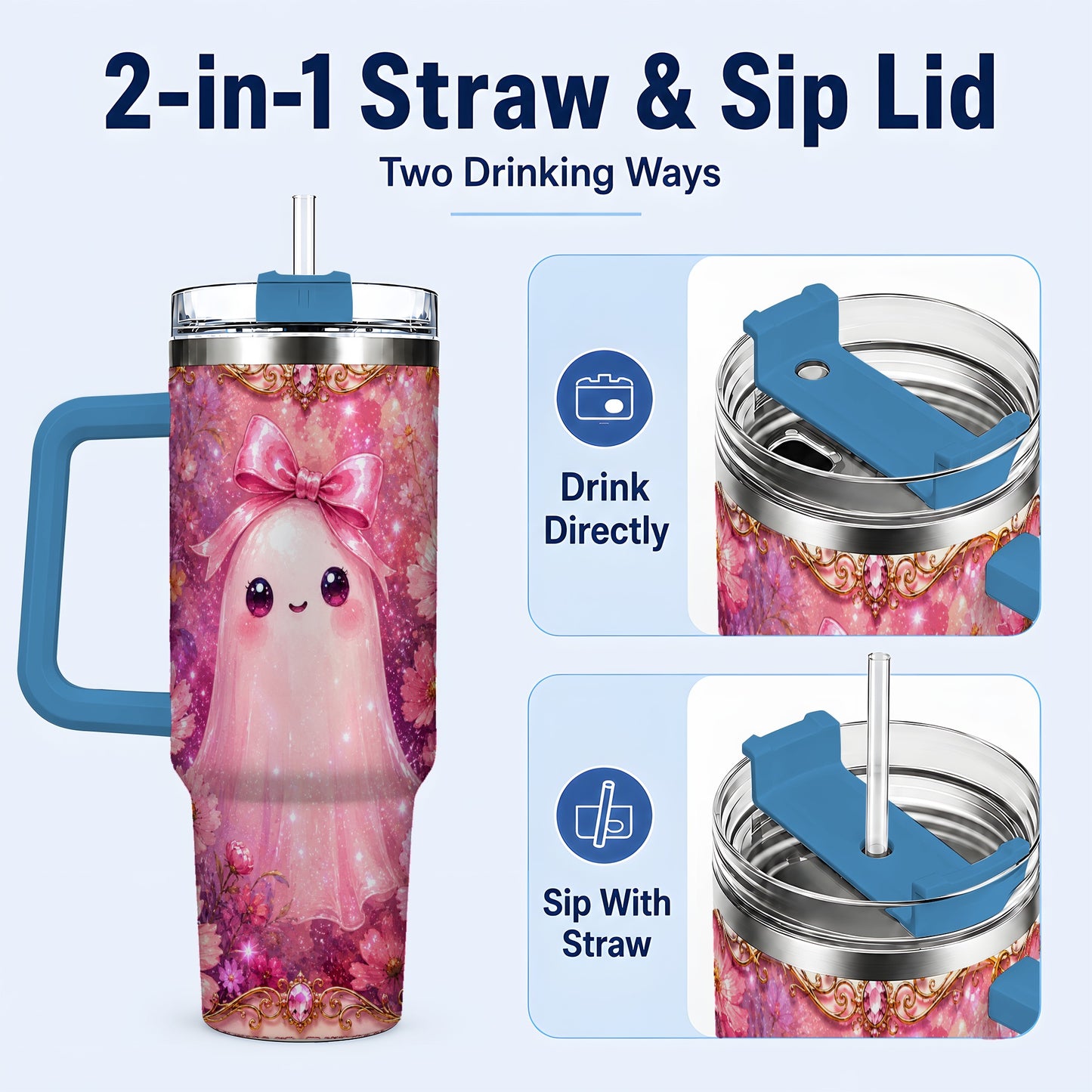 #pl[40oz|Blue] Pink Ghost 40oz Tumbler, Floral Bow Kawaii Stainless Steel Travel Cup