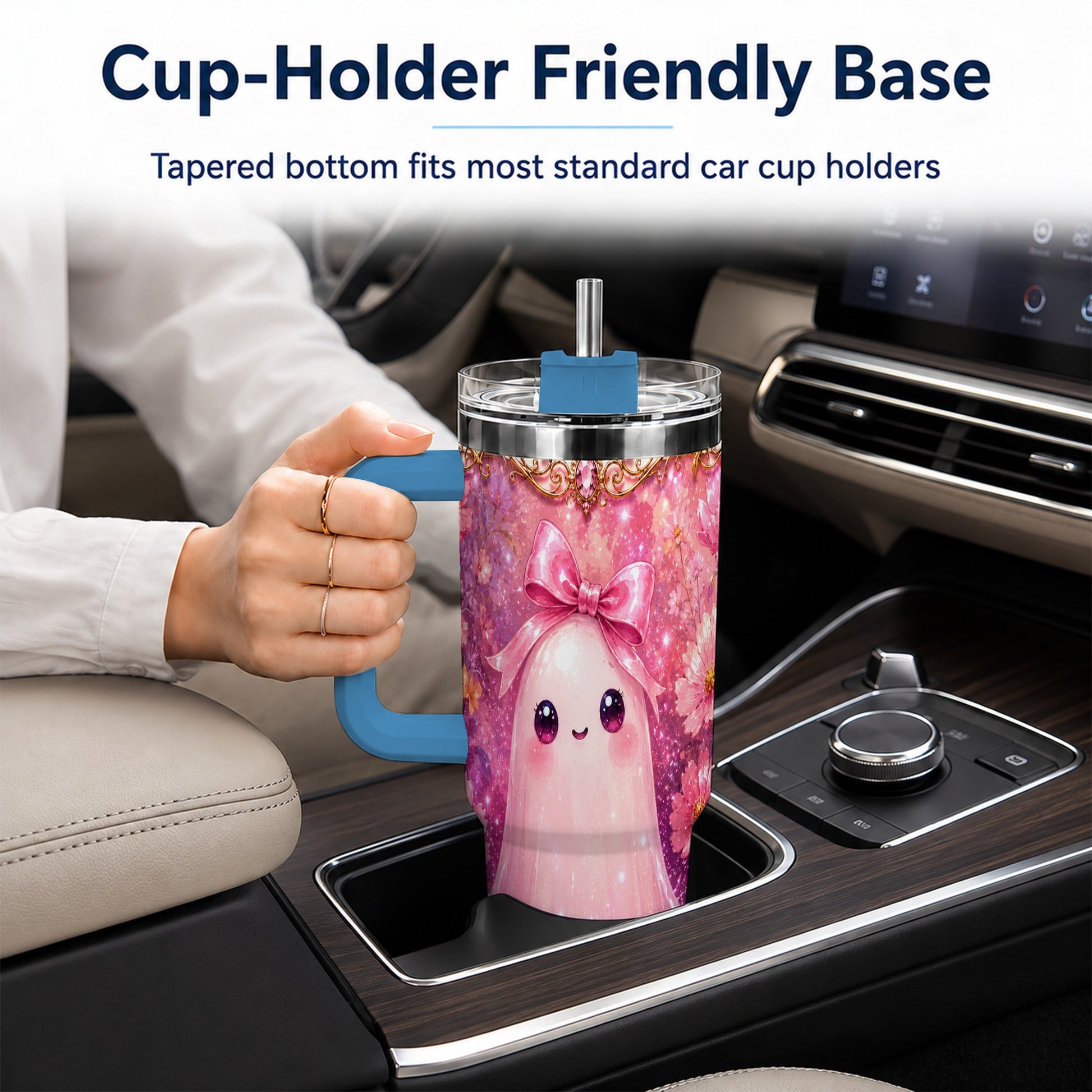 #pl[40oz|Blue] Pink Ghost 40oz Tumbler, Floral Bow Kawaii Stainless Steel Travel Cup