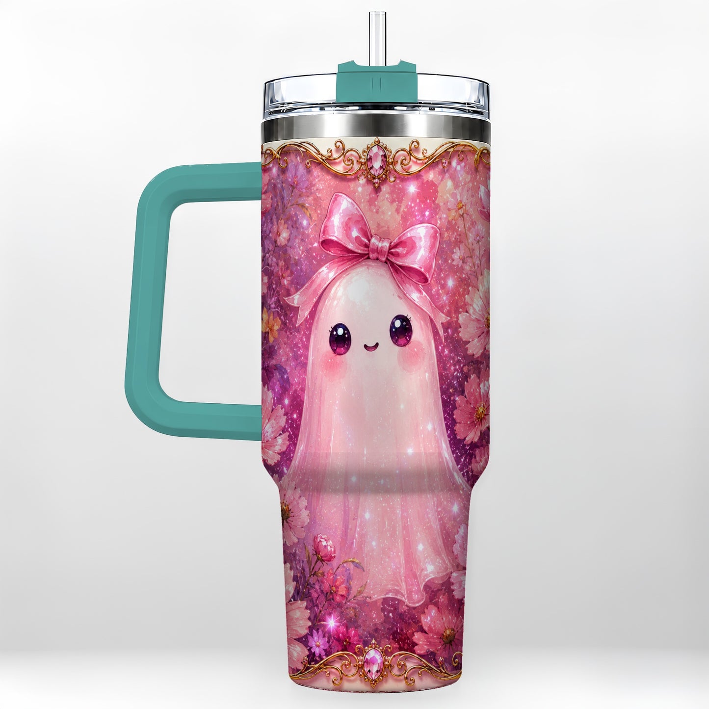 #pl[40oz|Green] Pink Ghost 40oz Tumbler, Floral Bow Kawaii Stainless Steel Travel Cup