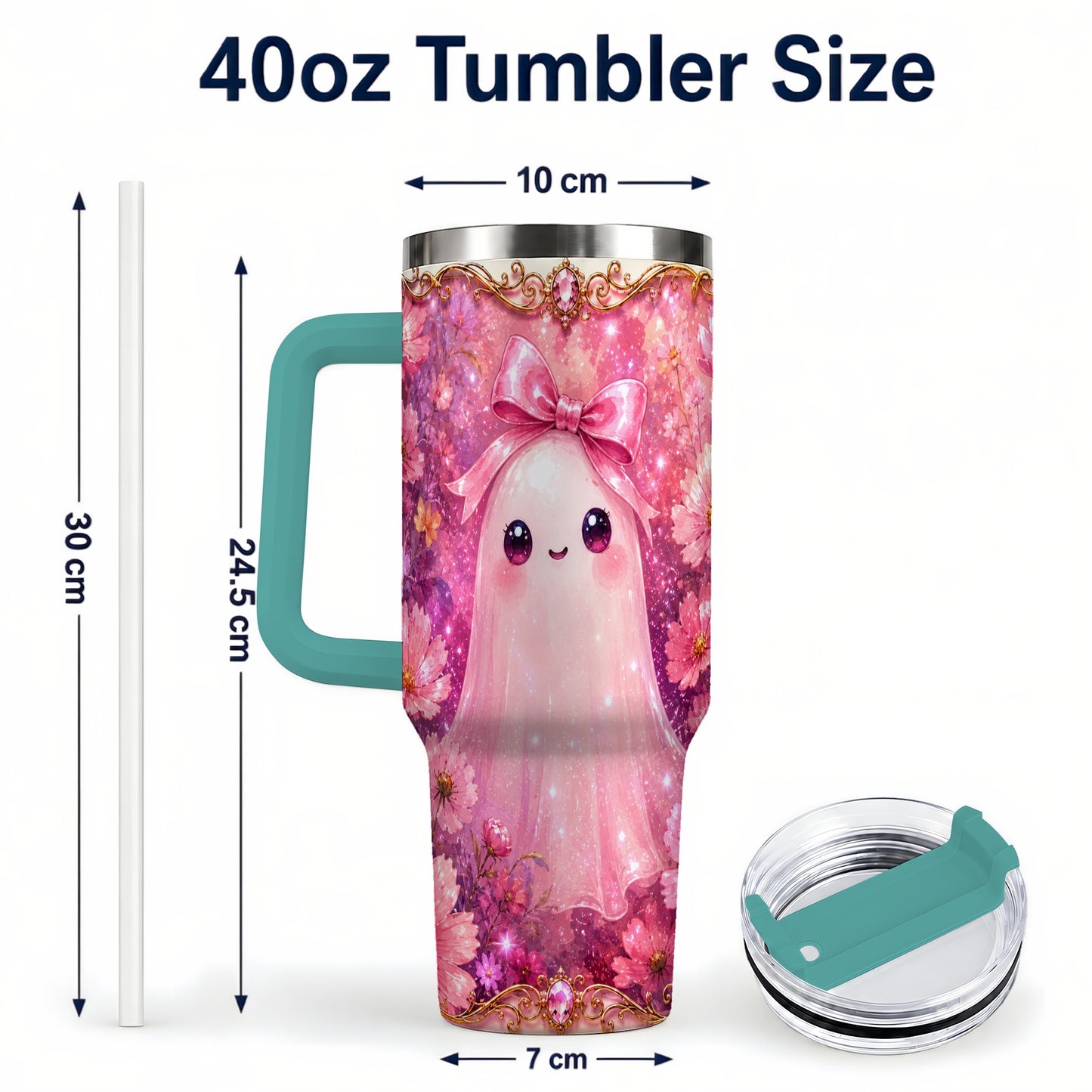 #pl[40oz|Green] Pink Ghost 40oz Tumbler, Floral Bow Kawaii Stainless Steel Travel Cup