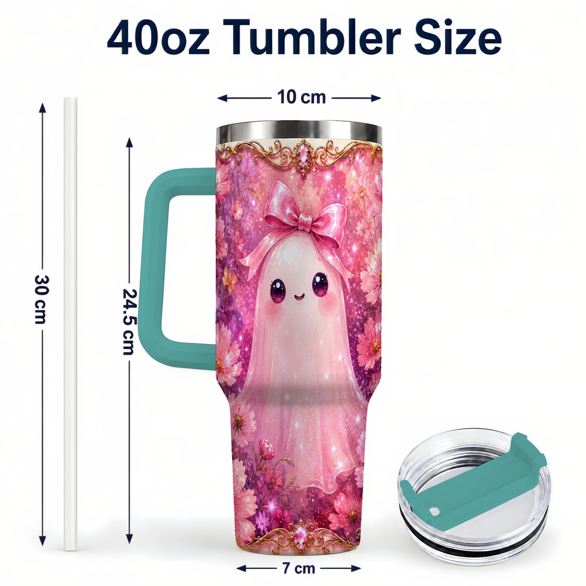 #pl[40oz|Green] Pink Ghost 40oz Tumbler, Floral Bow Kawaii Stainless Steel Travel Cup