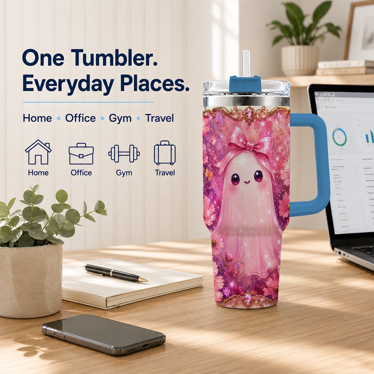 #pl[40oz|Blue] Pink Ghost 40oz Tumbler, Floral Bow Kawaii Stainless Steel Travel Cup