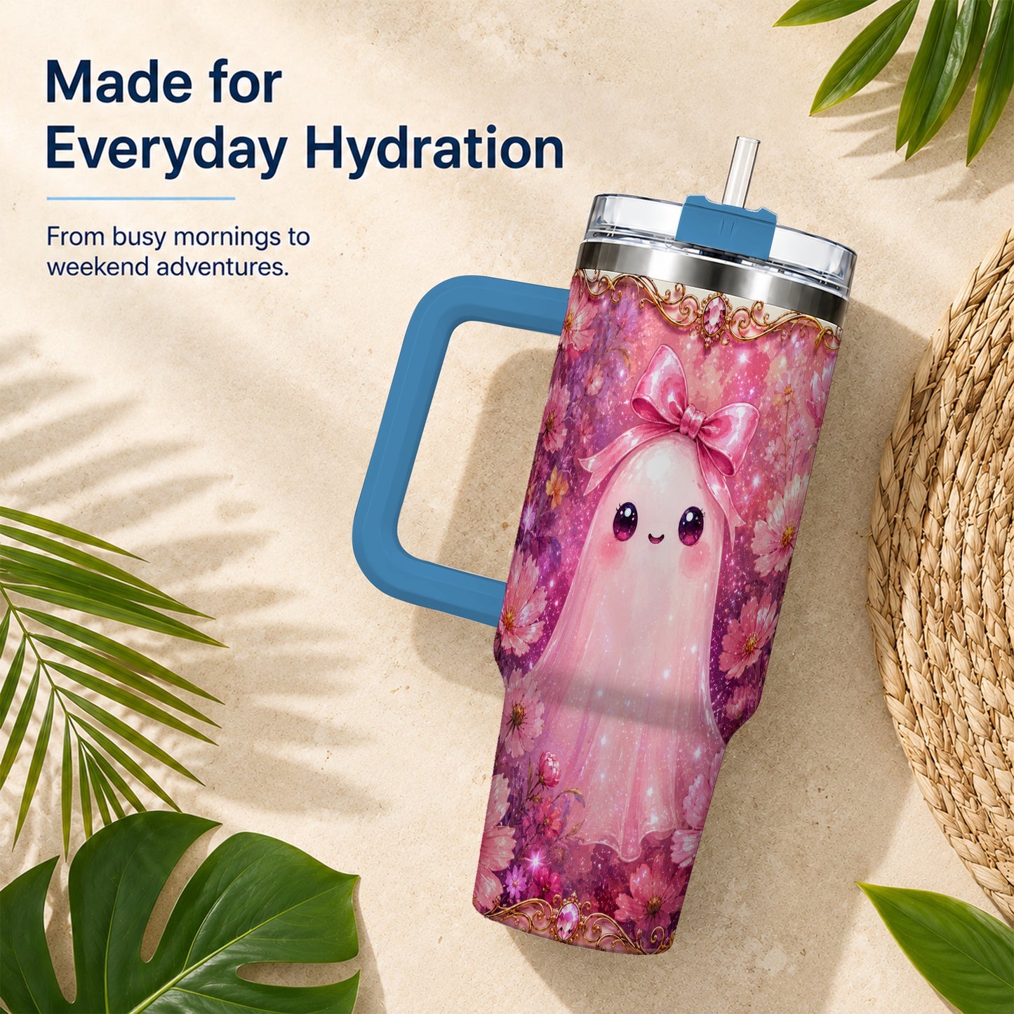 #pl[40oz|Blue] Pink Ghost 40oz Tumbler, Floral Bow Kawaii Stainless Steel Travel Cup