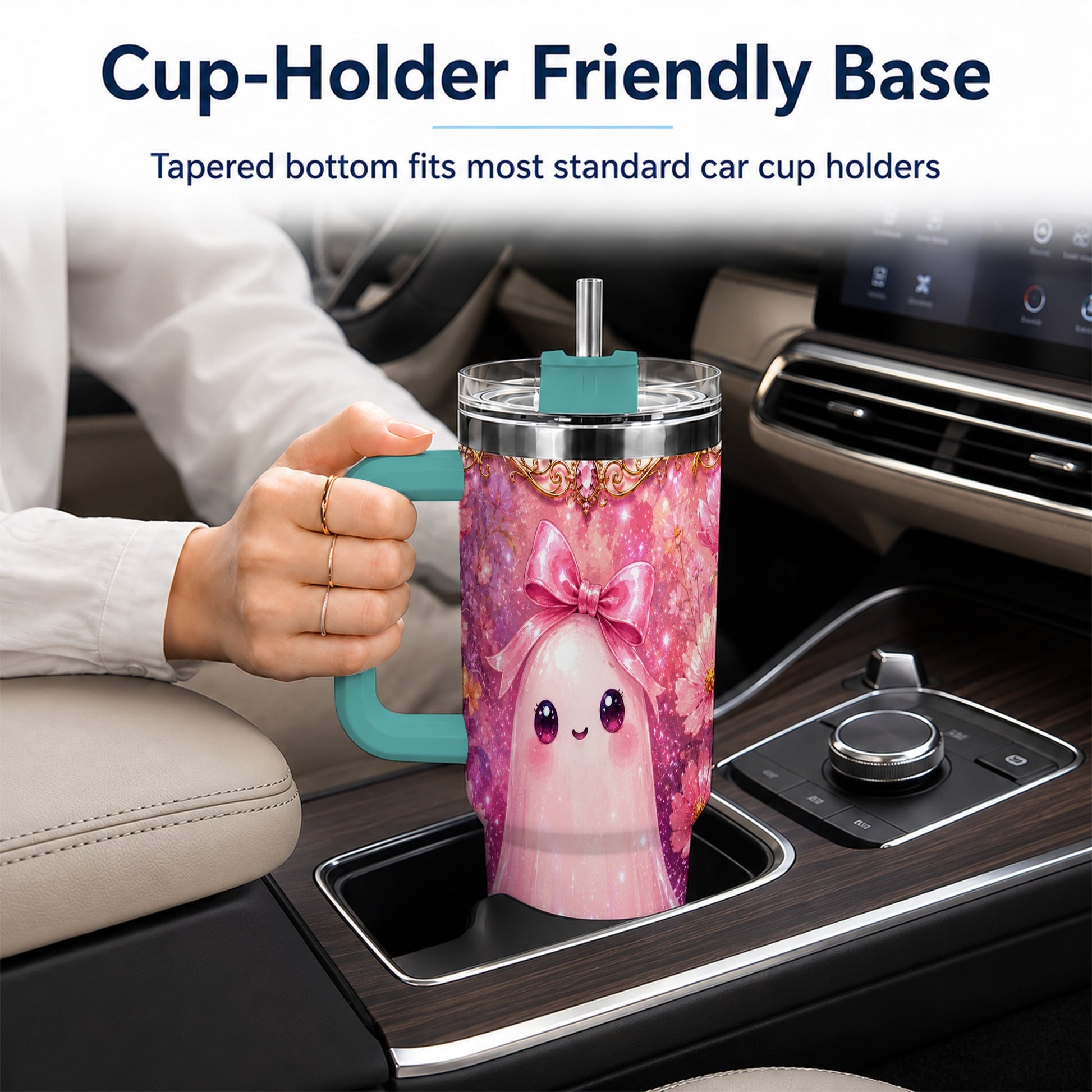 #pl[40oz|Green] Pink Ghost 40oz Tumbler, Floral Bow Kawaii Stainless Steel Travel Cup