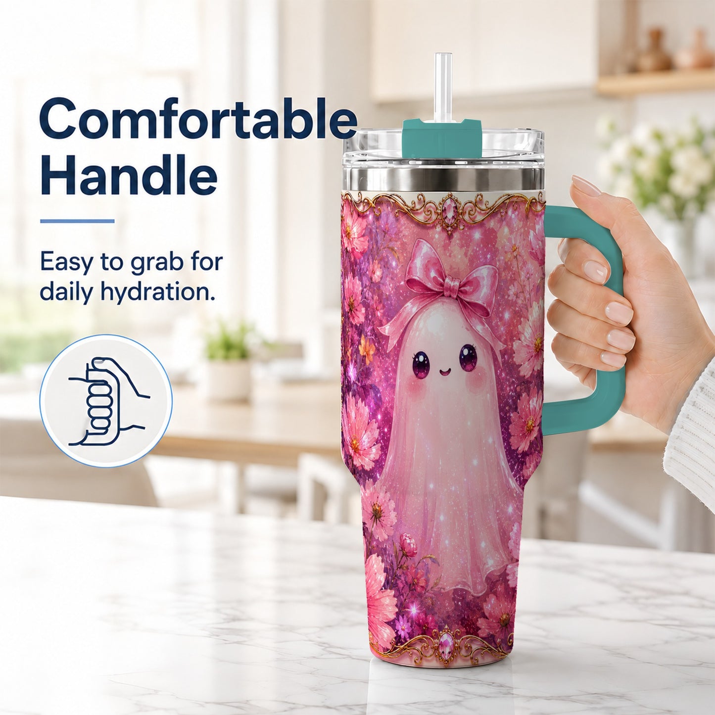 #pl[40oz|Green] Pink Ghost 40oz Tumbler, Floral Bow Kawaii Stainless Steel Travel Cup