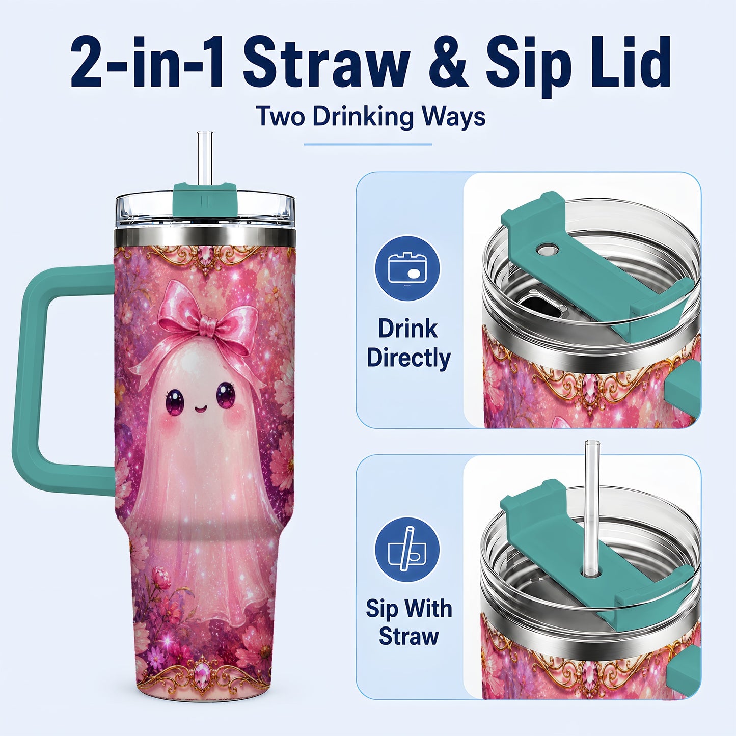 #pl[40oz|Green] Pink Ghost 40oz Tumbler, Floral Bow Kawaii Stainless Steel Travel Cup