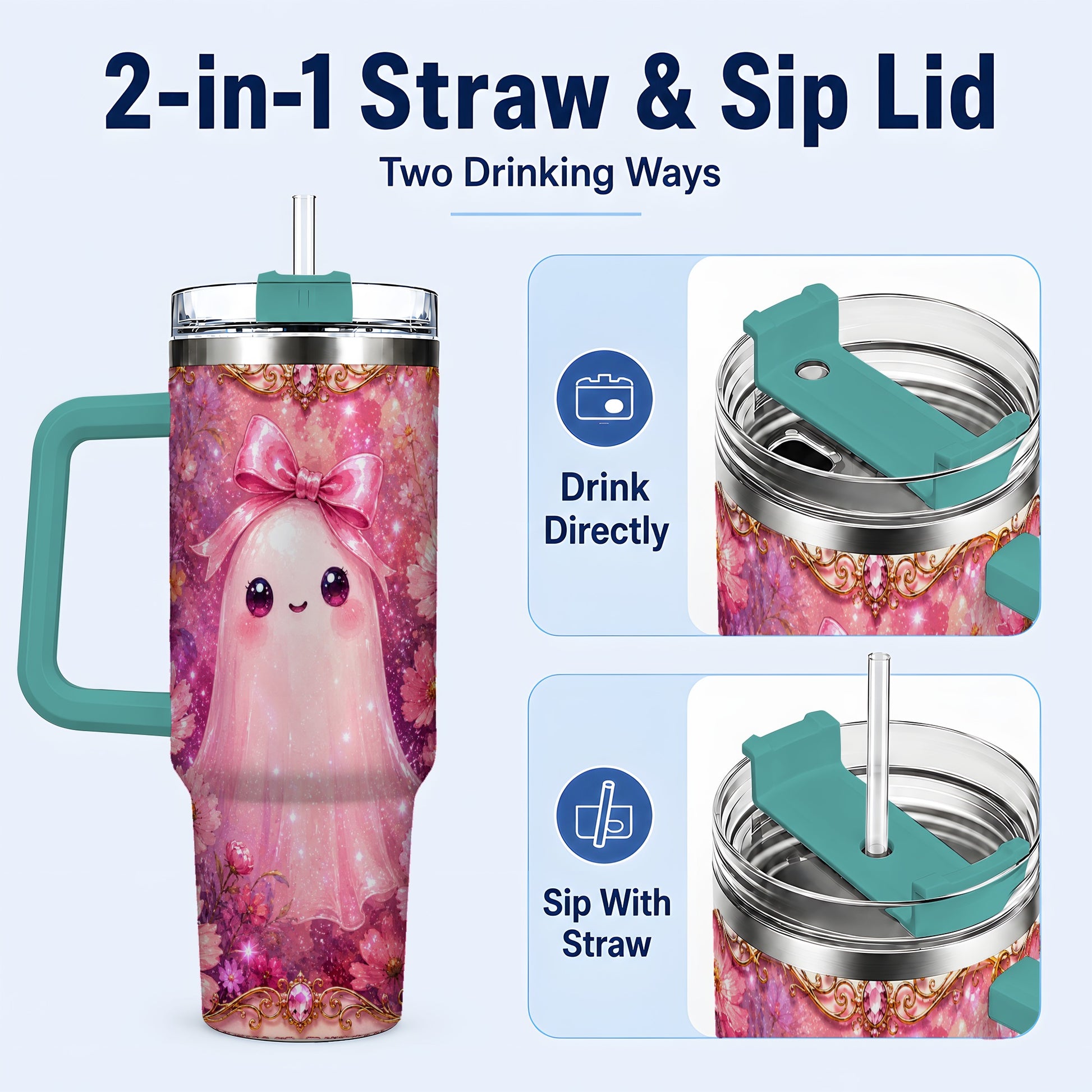 #pl[40oz|Green] Pink Ghost 40oz Tumbler, Floral Bow Kawaii Stainless Steel Travel Cup